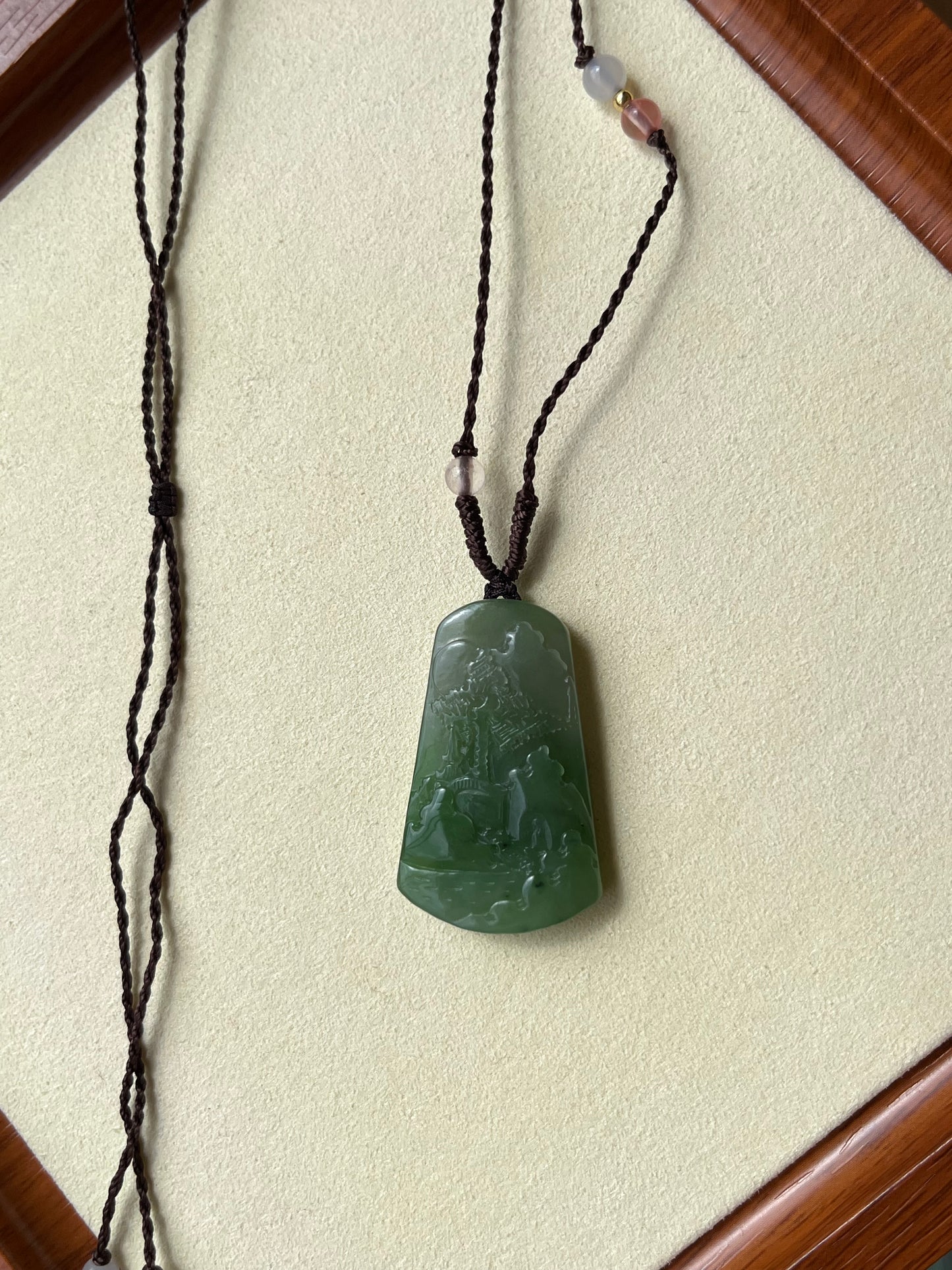 Hand Carved Green Hetian Jade Landscape Pendant | 手雕和田碧玉山水牌