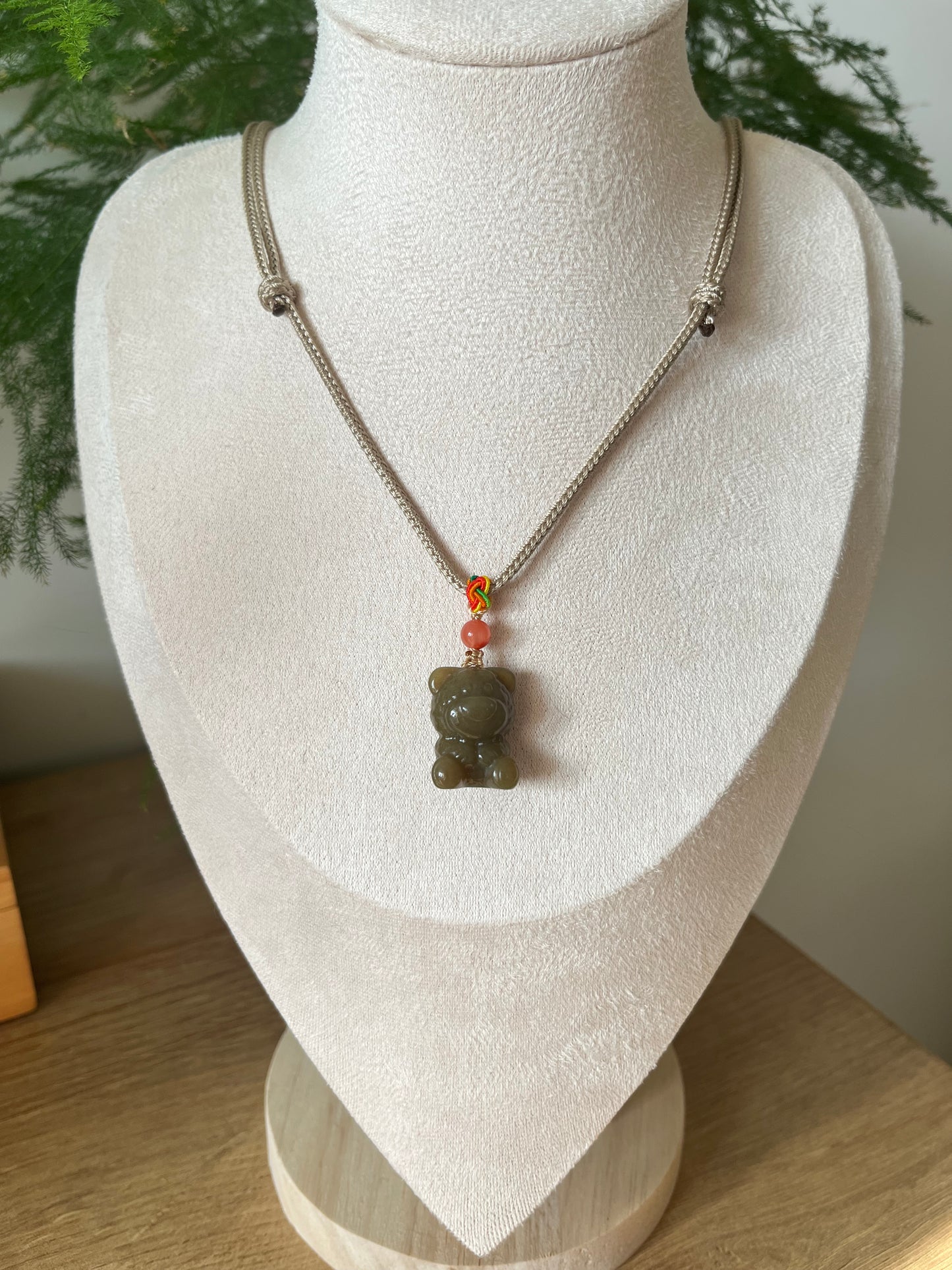 Handmade Necklace with a Carved Hetian Brown Jade Bear Pendant