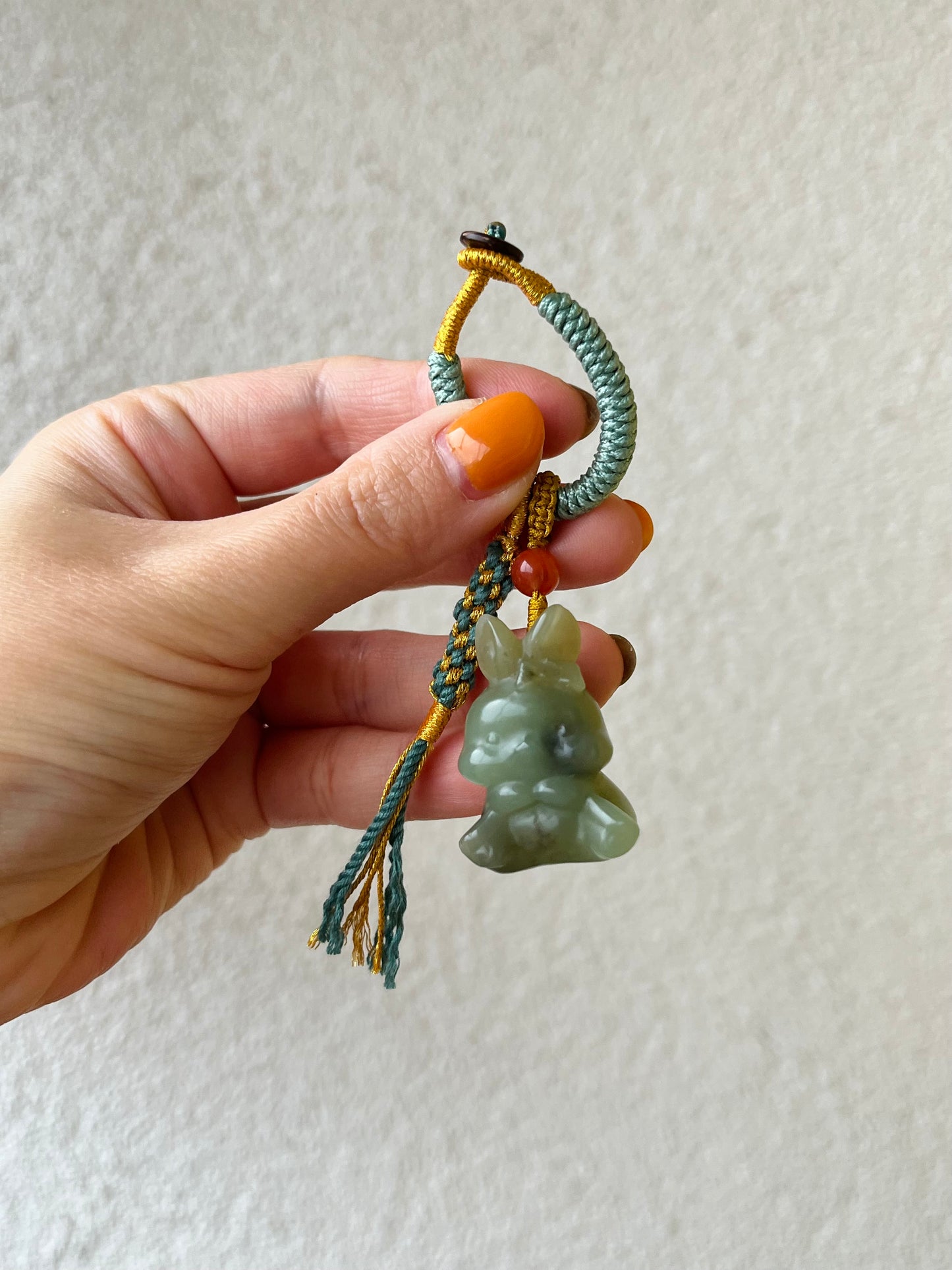 Handmade Bag Charm with a Super Cute Hand Carved Blue Hetian Jade Rabbit