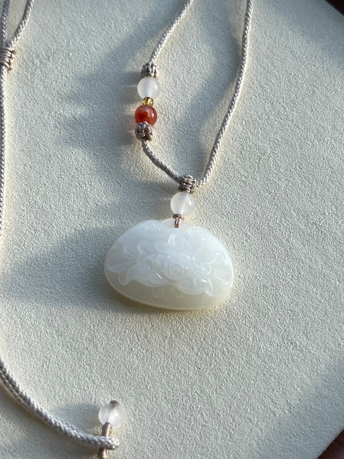 Hand Carved Hetian White Jade Peony Flower Ruyi Blessing Lock Pendant | 和田白玉牡丹如意锁