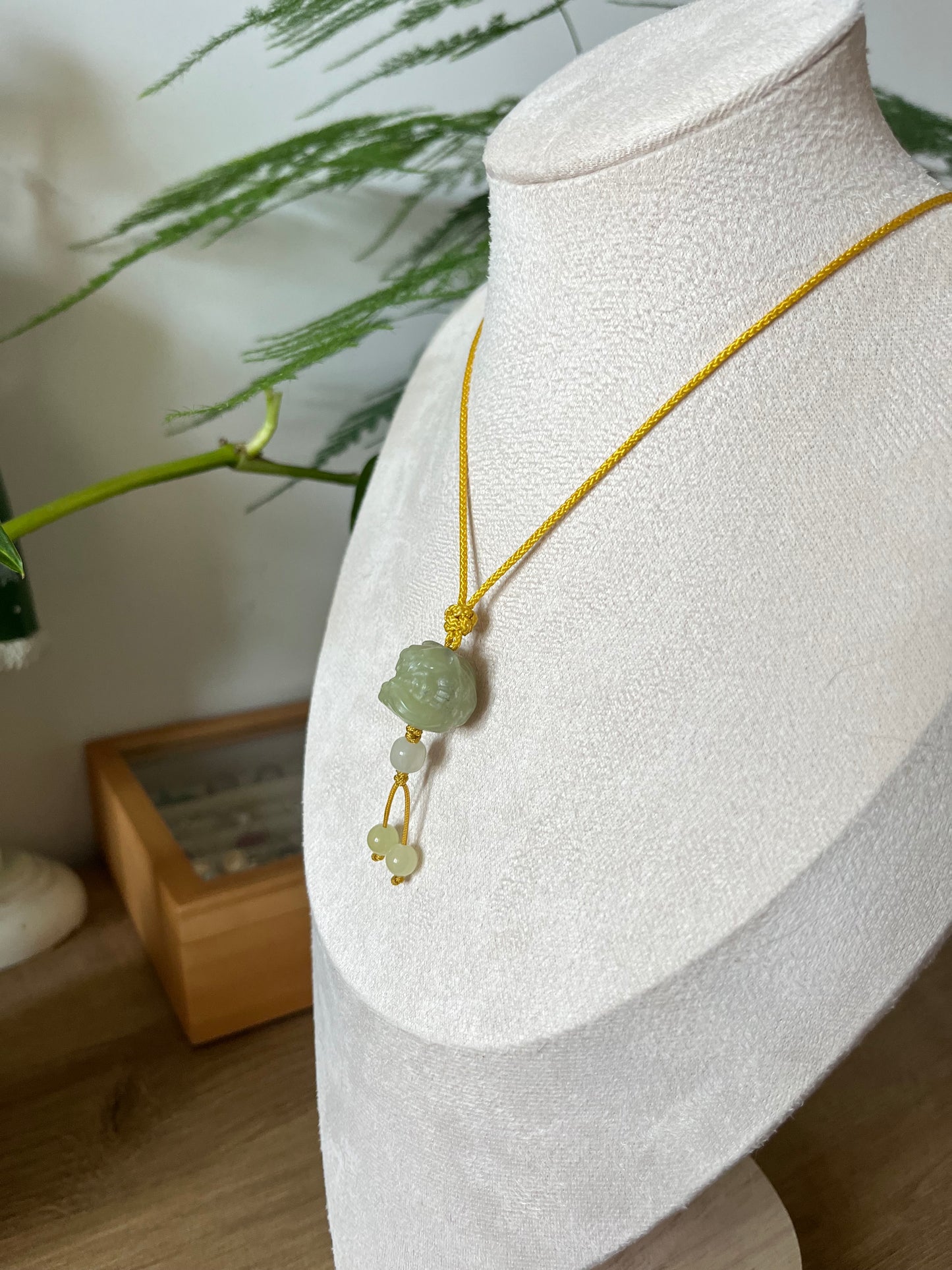 Carved Yellow Hetian Jade Chinese Lion Dance Head Pendant