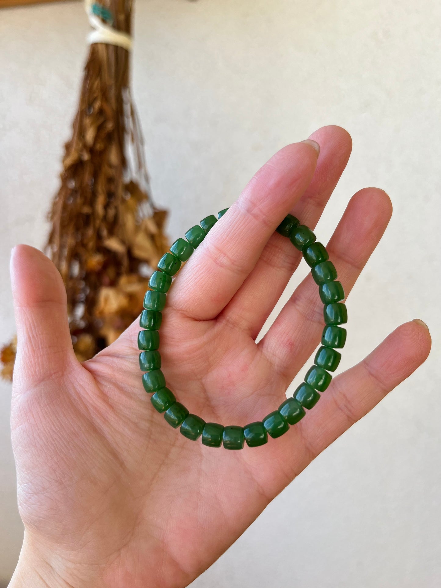 Green Hetian Jade Beaded Bracelet (6mm x 4mm)