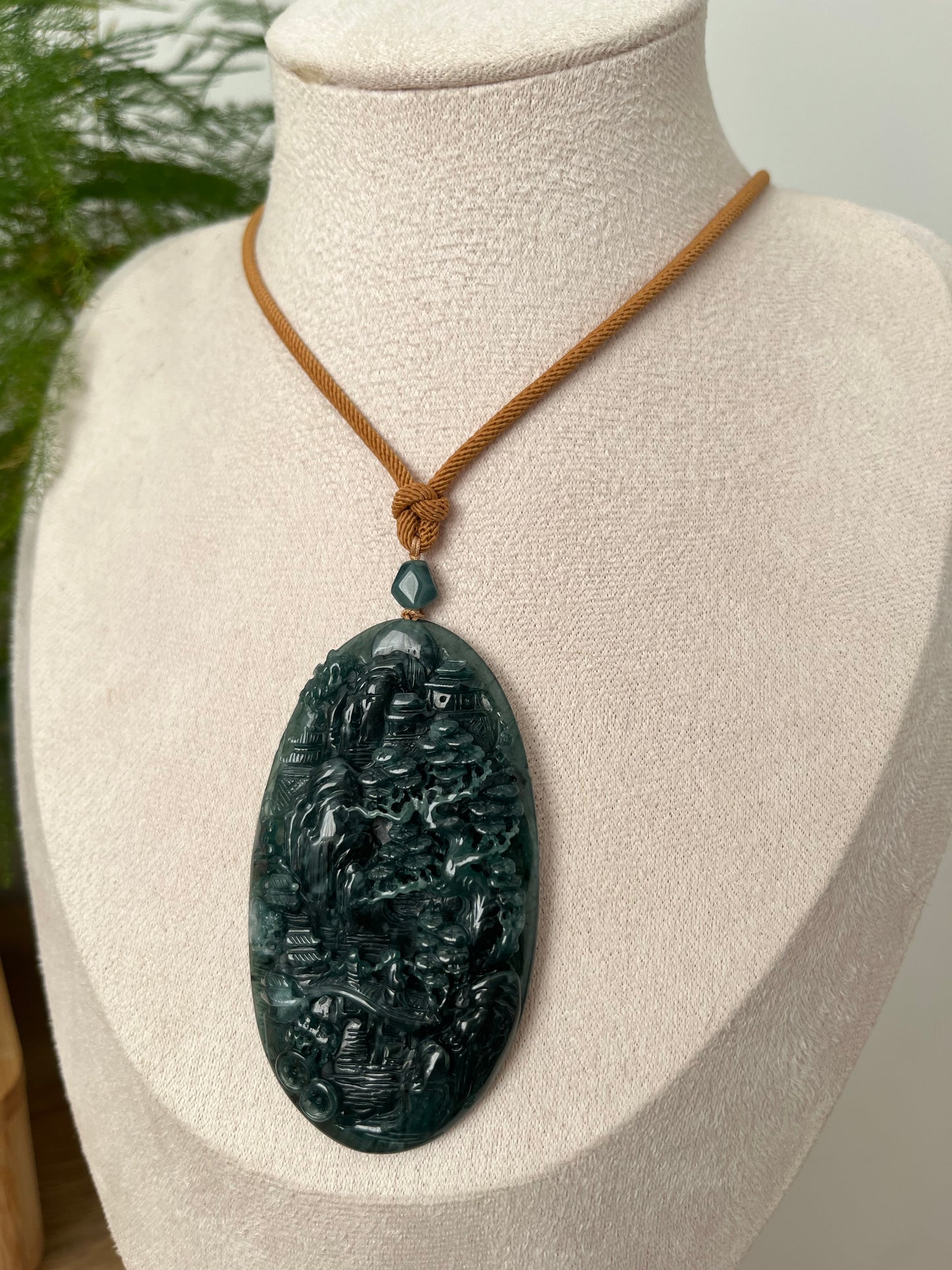 Hand Carved Blue Jadeite Landscape Pendant | 精工蓝水翡翠山水