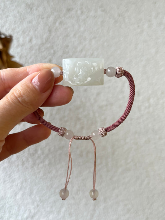 Handmade Bracelet Crafted from a Hand Carved White Hetian Jade Lotus and dragonfly Pendant