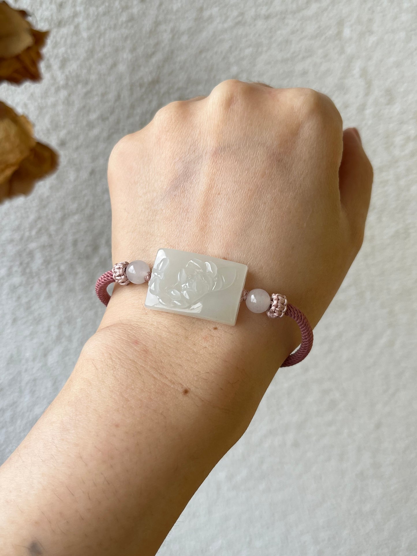 Handmade Bracelet Crafted from a Hand Carved White Hetian Jade Lotus and dragonfly Pendant