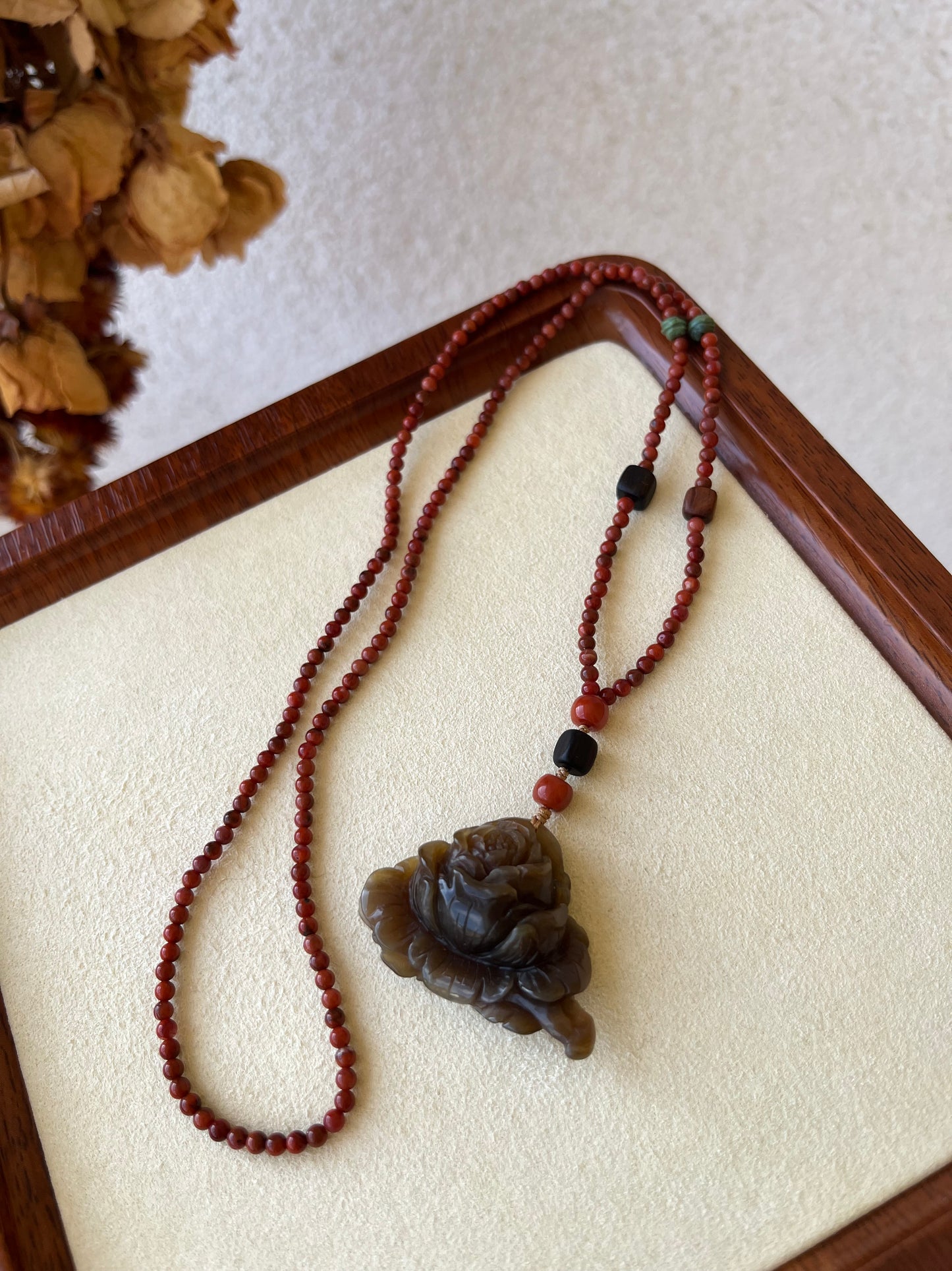 Hand Carved Brown Hetian Jade Peony Flower Pendant