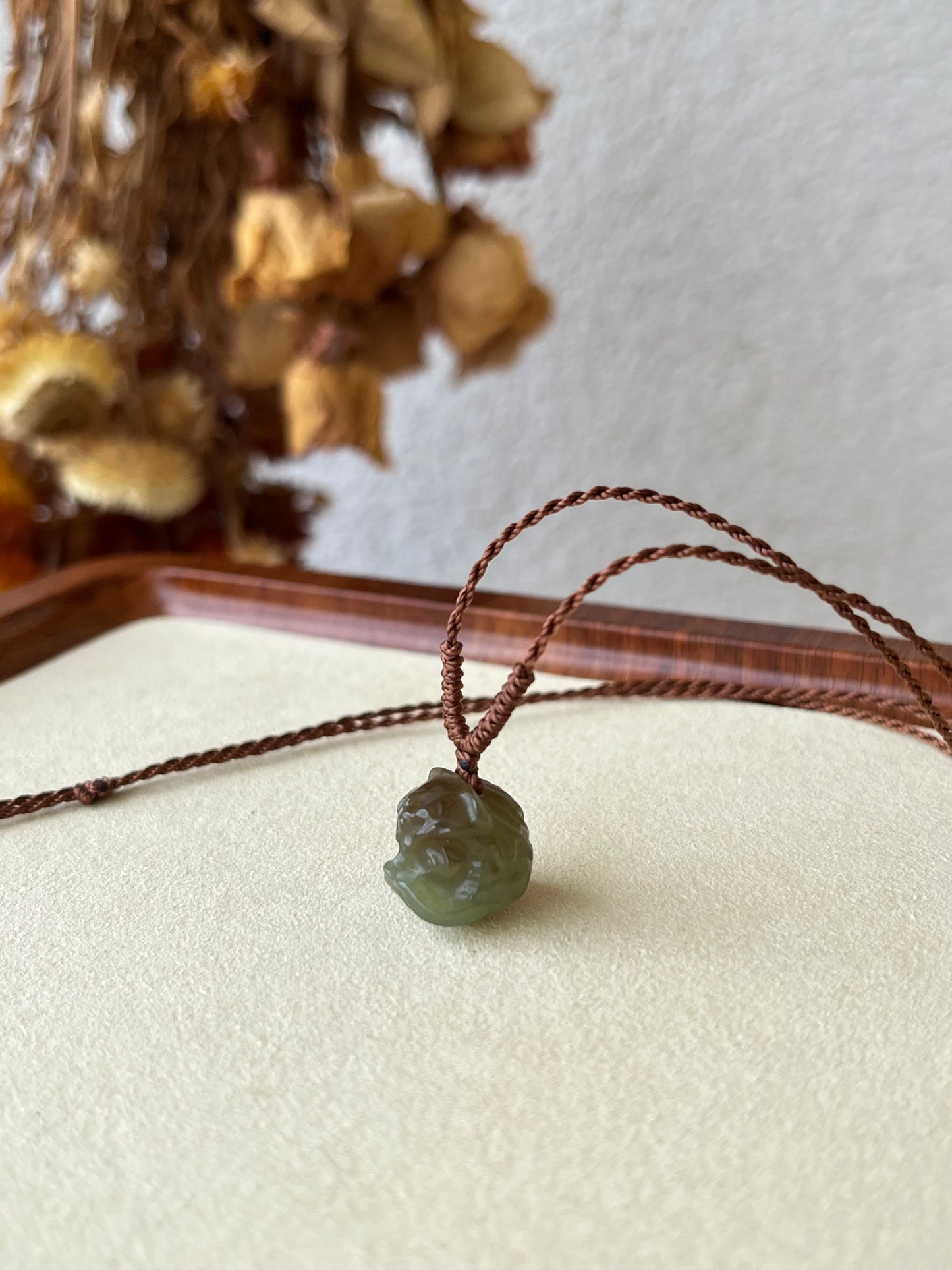 Cute Blue and Brown Hetian Jade Lion Dance Head Necklace