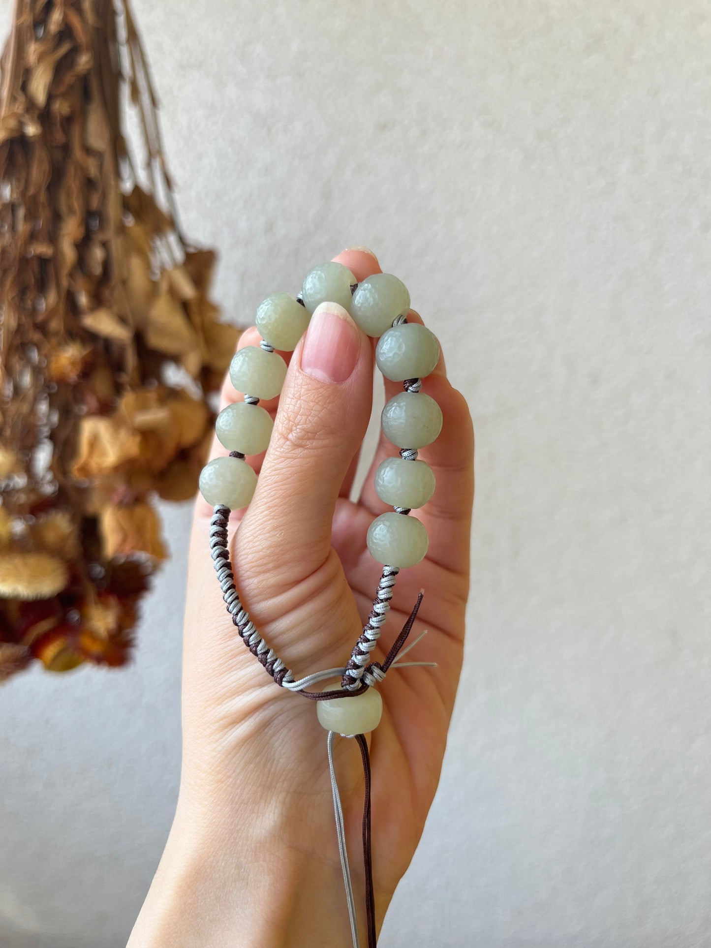 Hand-woven Bracelet with Hand Crafted Hetian Jade Beads (11mm x 9mm), 手编和田玉且末手工老光珠手绳
