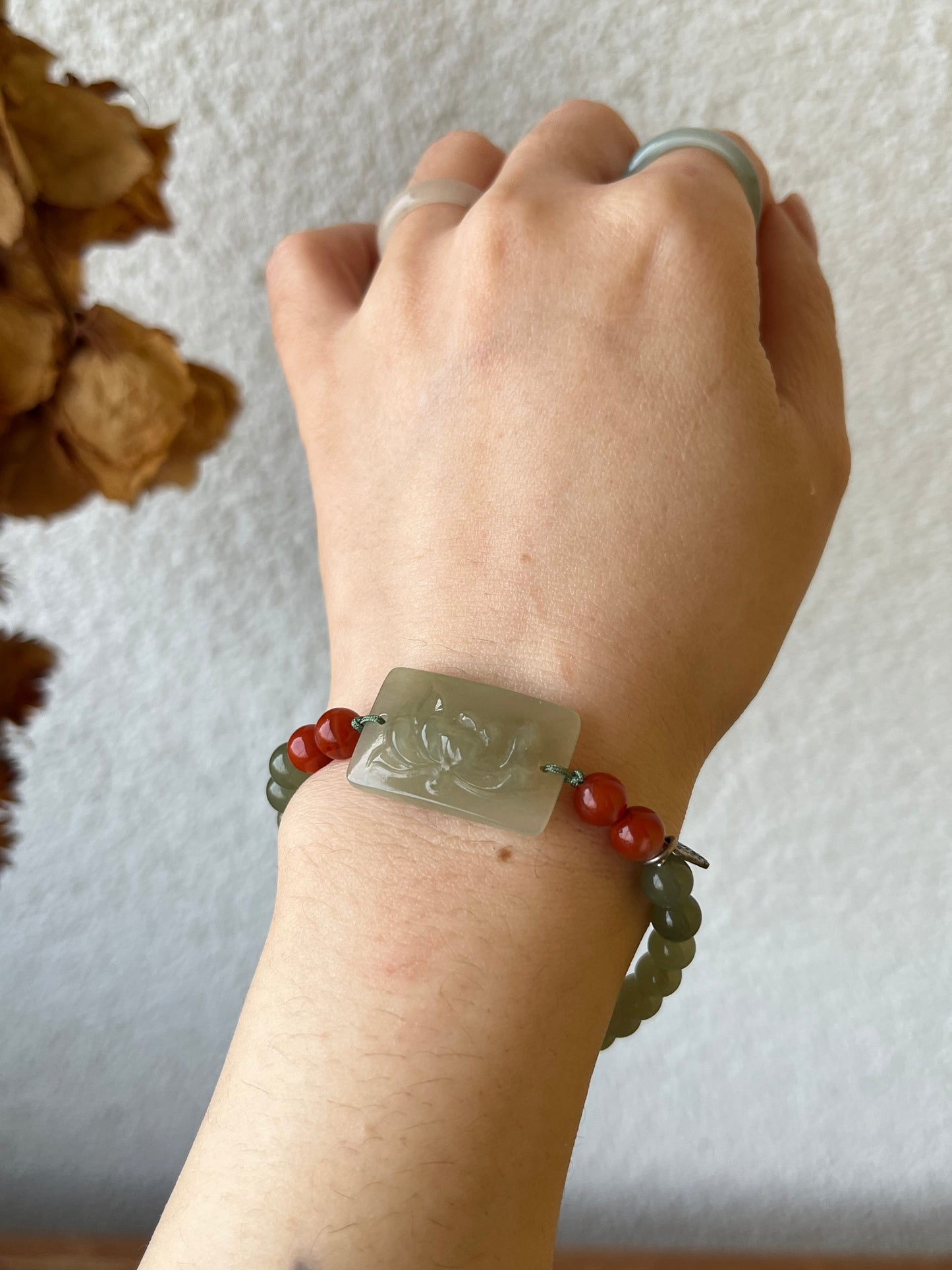 Handmade Hetian Jade Bracelet with a Lotus Pendant
