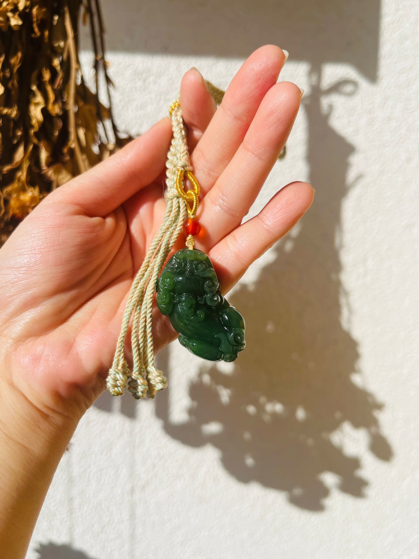 Handmade Bag Charm with a Carved Hetian Green Jade Pixiu, 碧玉貔貅包挂