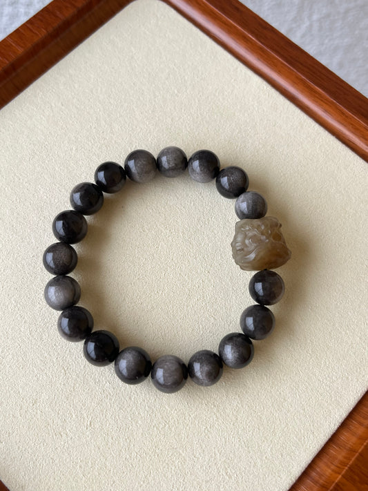 11mm Obsidian Beaded Bracelet with a Brown Hetian Jade Lion Dance Head