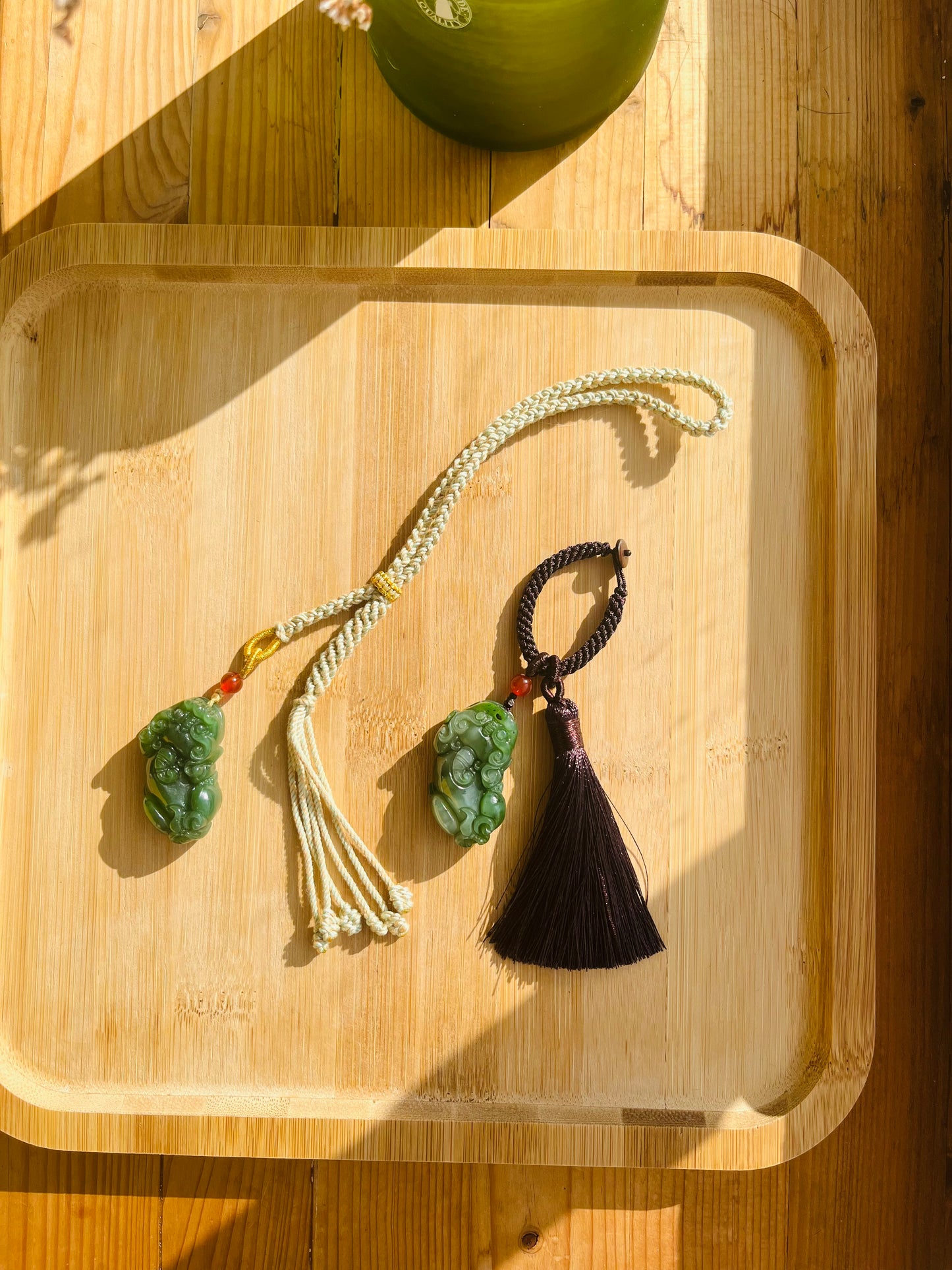 Handmade Bag Charm with a Carved Hetian Green Jade Pixiu, 碧玉貔貅包挂