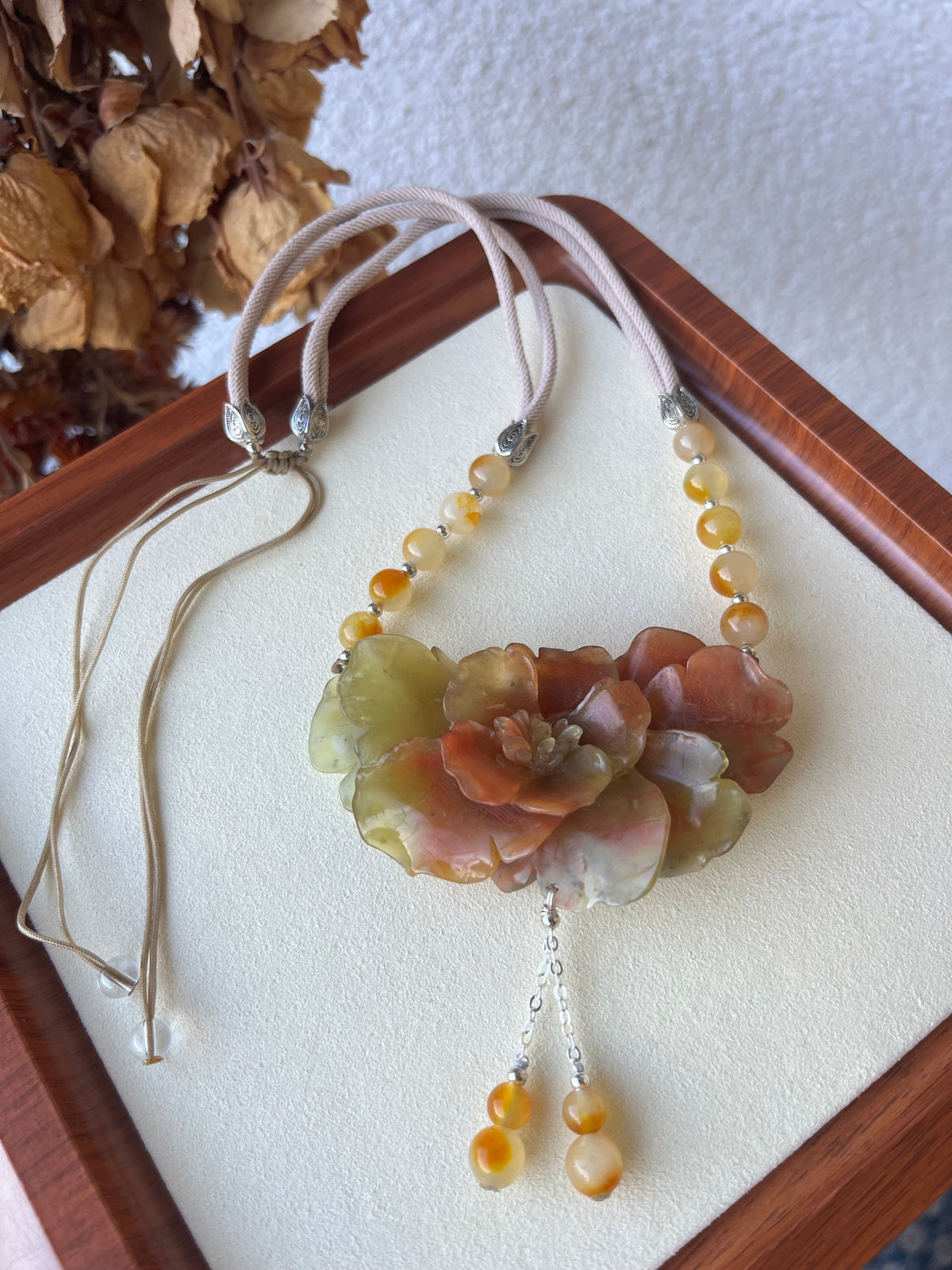 Hand Carved Xiu Jade Peony Pendant