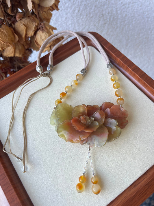 Hand Carved Xiu Jade Peony Pendant