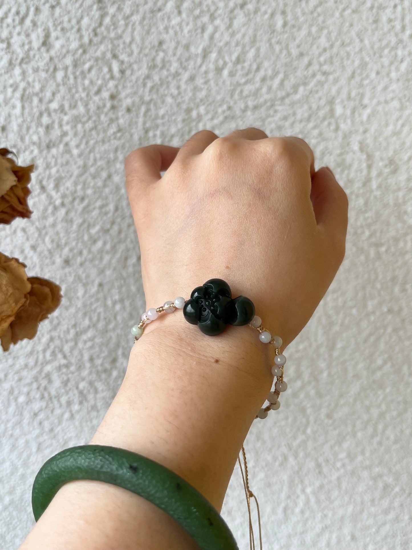 Handmade Bracelet with a Dark Cyan Hetian Jade Lotus | 手编和田青玉一细小荷花手牌