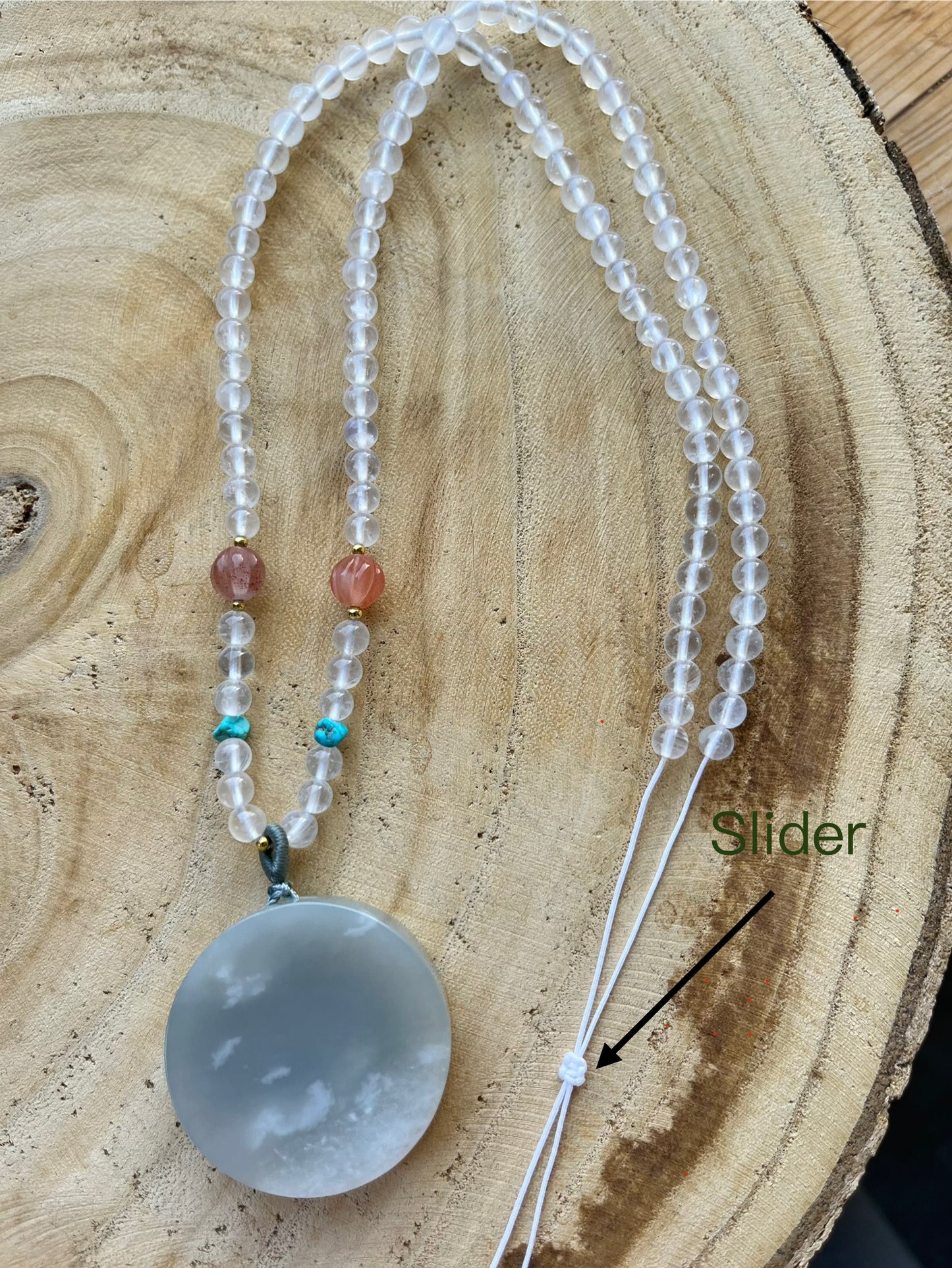 Handmade Necklace with a Purple Hetian Jade Round Shaped Pendant and Moonstone Beaded Cord