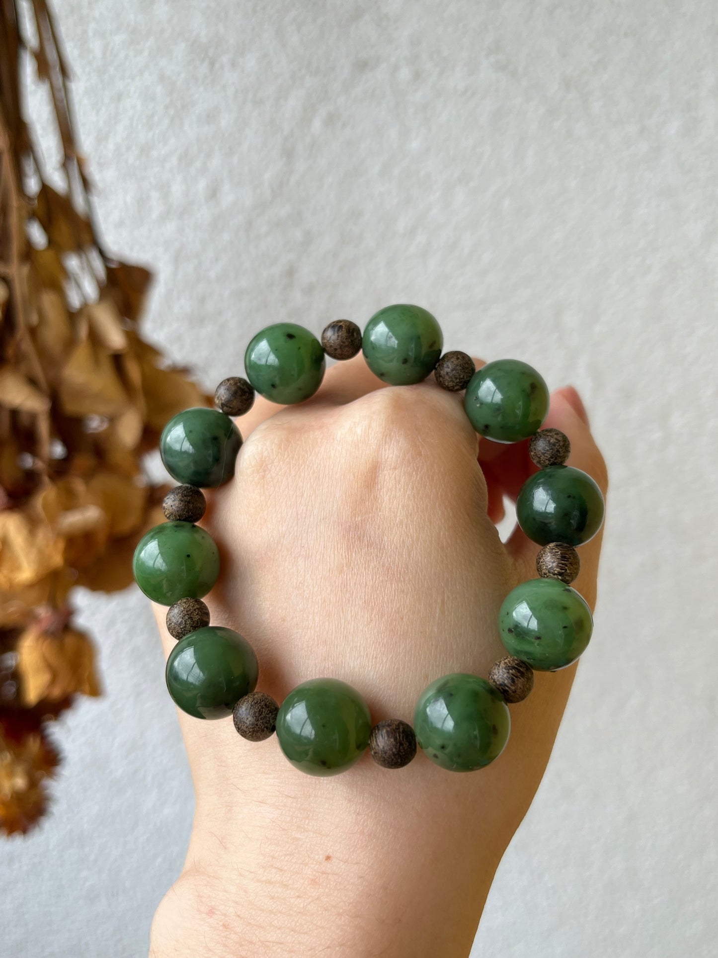 14mm Green Hetian Jade and 8mm Agarwood Beaded Bracelet