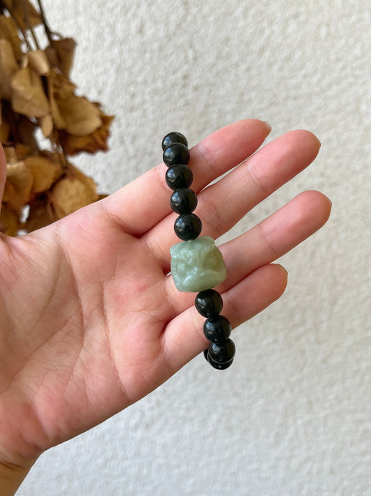9mm Dark Cyan Hetian Jade Beaded Bracelet with a Blue Hetian Jade Lion Dance Head