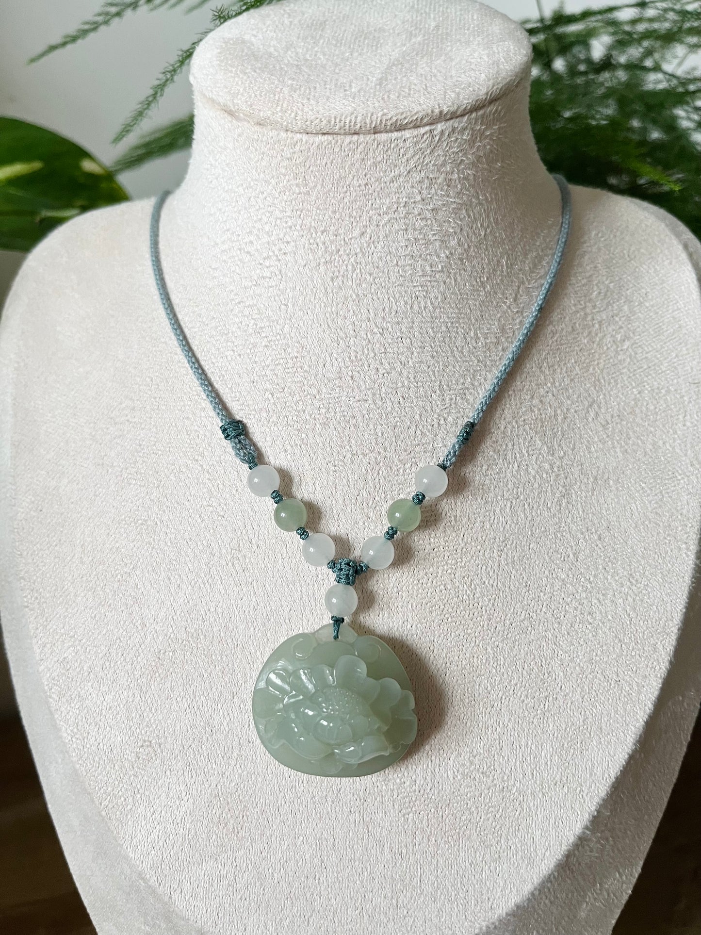 Hand Carved Hetian Jade Peony Flower Ruyi Blessing Lock Pendant, 和田且末奶蓝手雕牡丹如意锁吊坠
