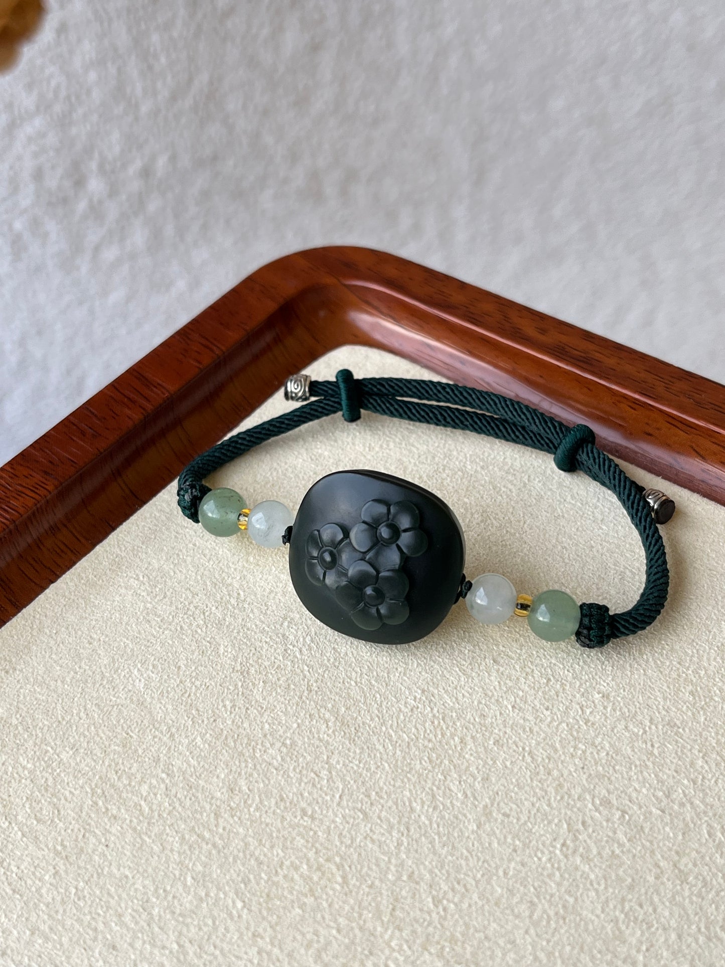 Hand Carved Premium Dark Green (Cyan) Hetian Jade Plum Blossom Set  | 手雕和田青玉一细梅花锁骨，手牌