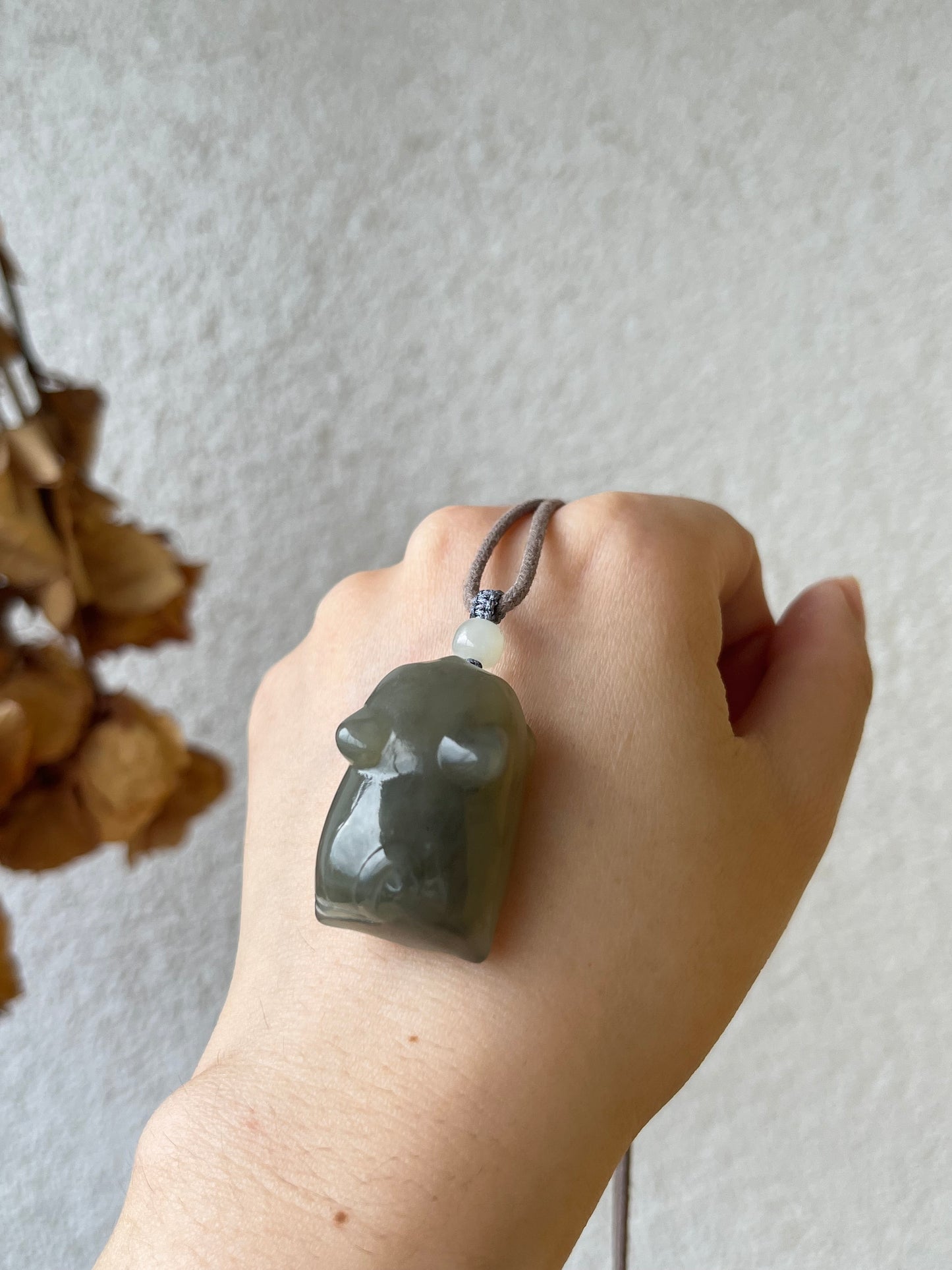3D Hand Carved Gray Hetian Jade Cat Pendant