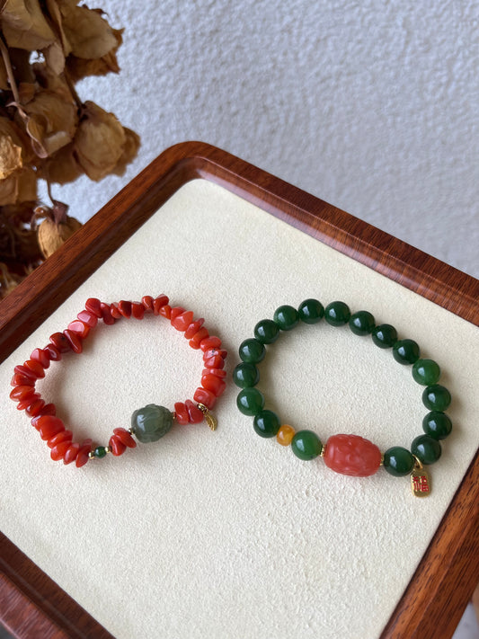 Green Hetian Jade and Nanhong Agate Bracelet