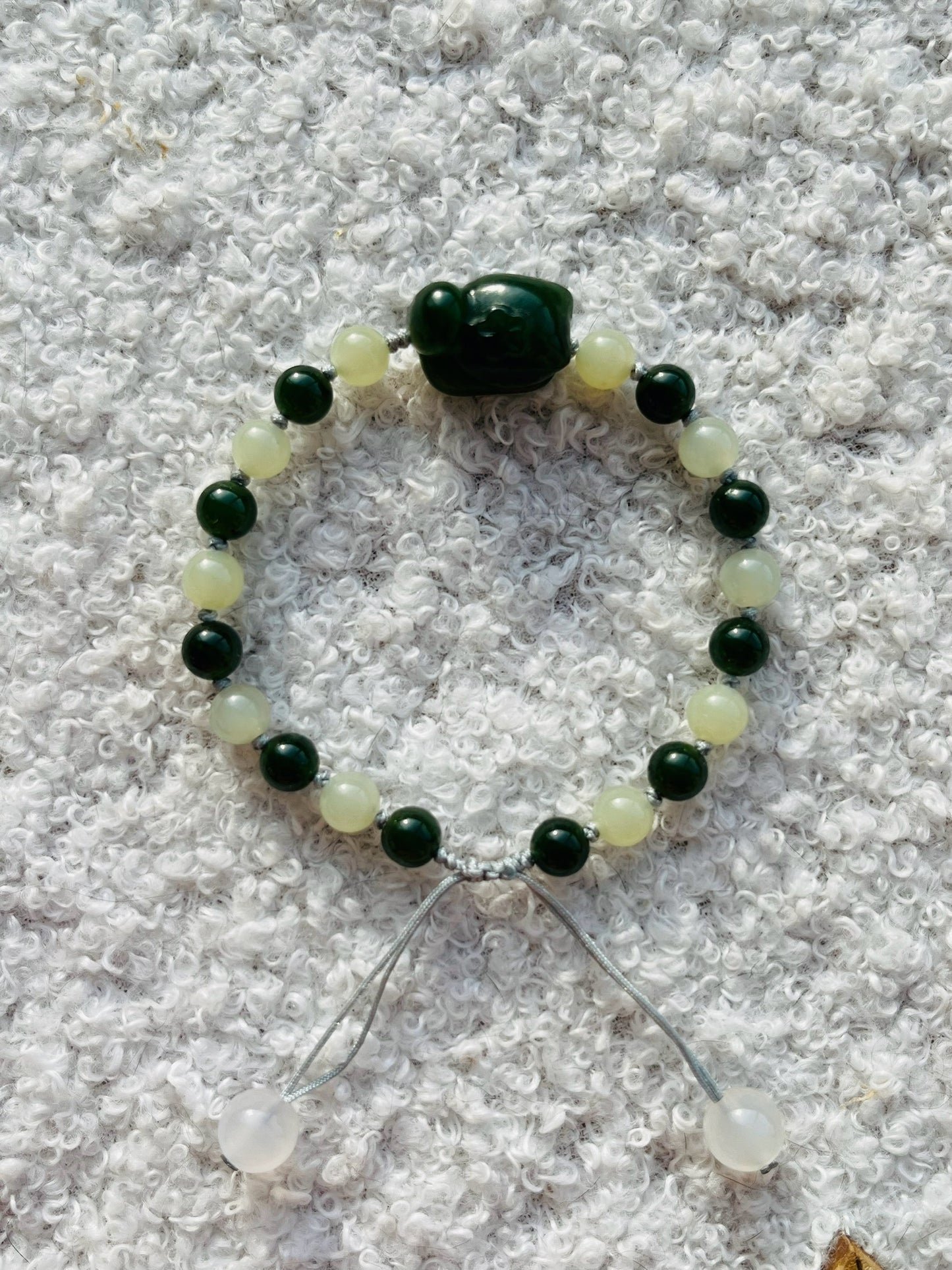 Handmade Bracelet with 6mm Green and Yellow Hetian Jade Beads and Hand Carved Green Hetian Jade Cat