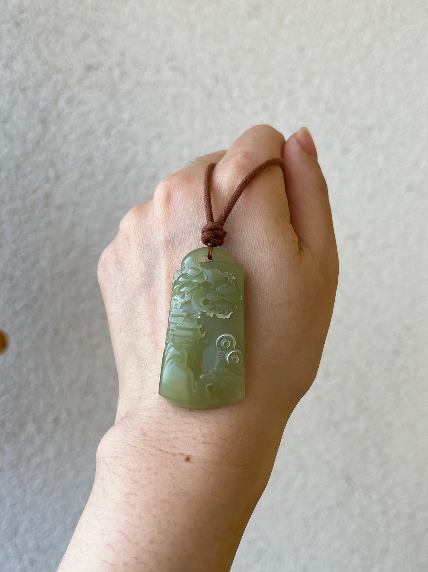 Hand Carved Greenish Yellow Hetian Jade Landscape Pendant, 手雕青黄口山水