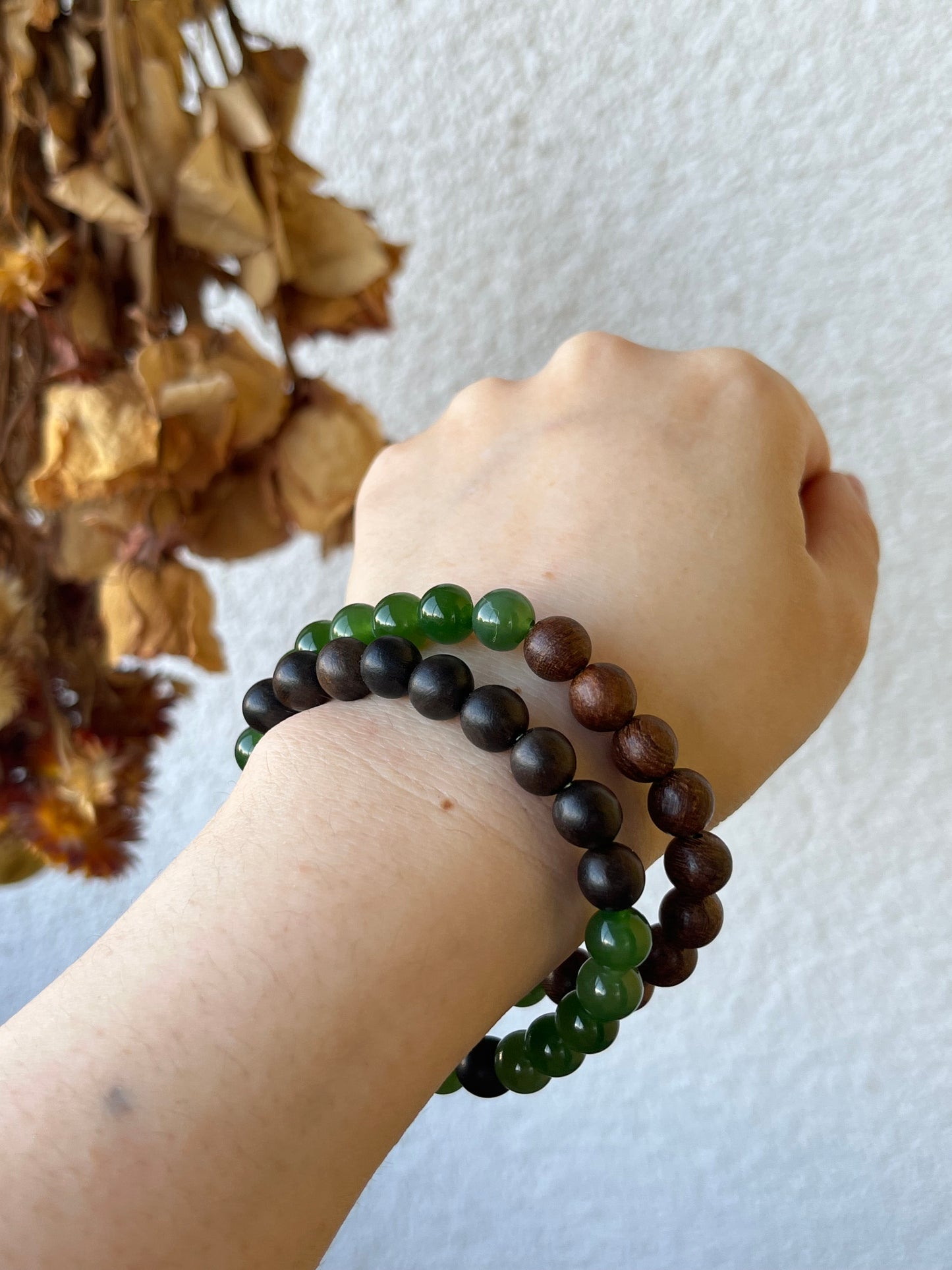 8mm Green Hetian Jade and Agar wood / Sandal wood Beaded Bracelet