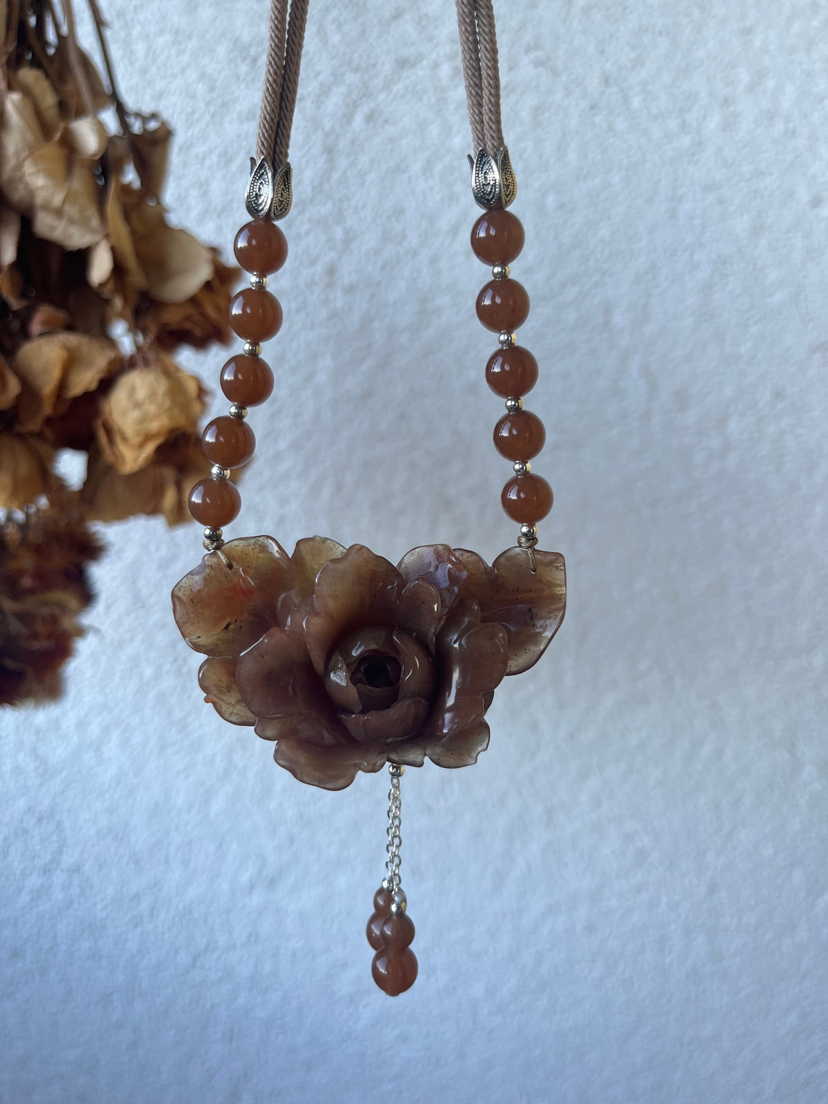 Hand Carved Xiu Jade Peony Pendant