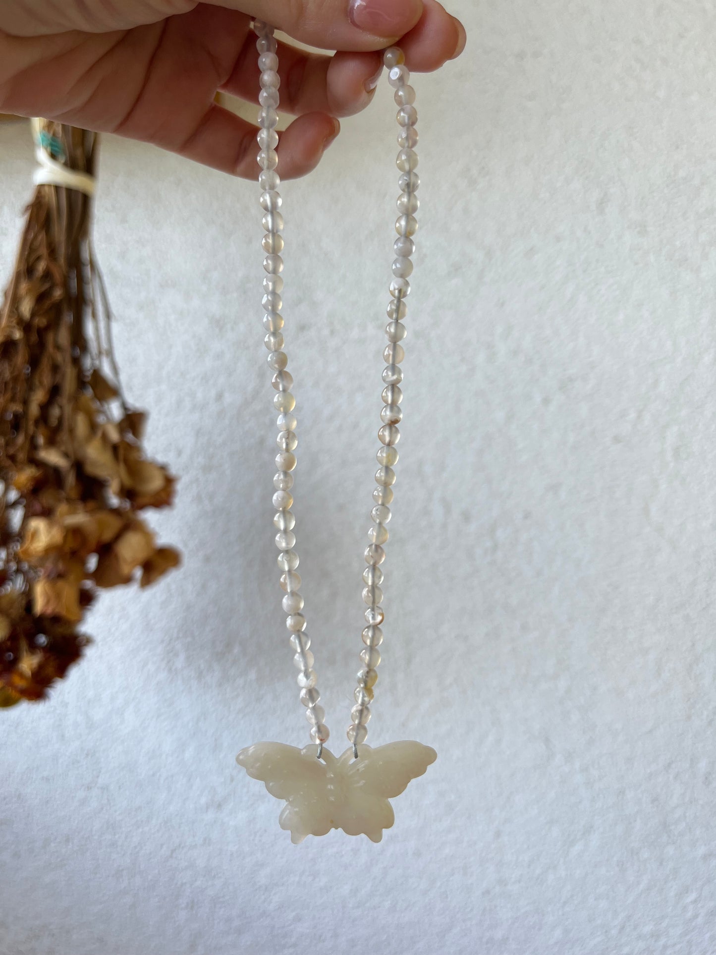 Handmade Necklace with Carved Hetian Jade Butterfly and 4mm Sakura Agate Beads