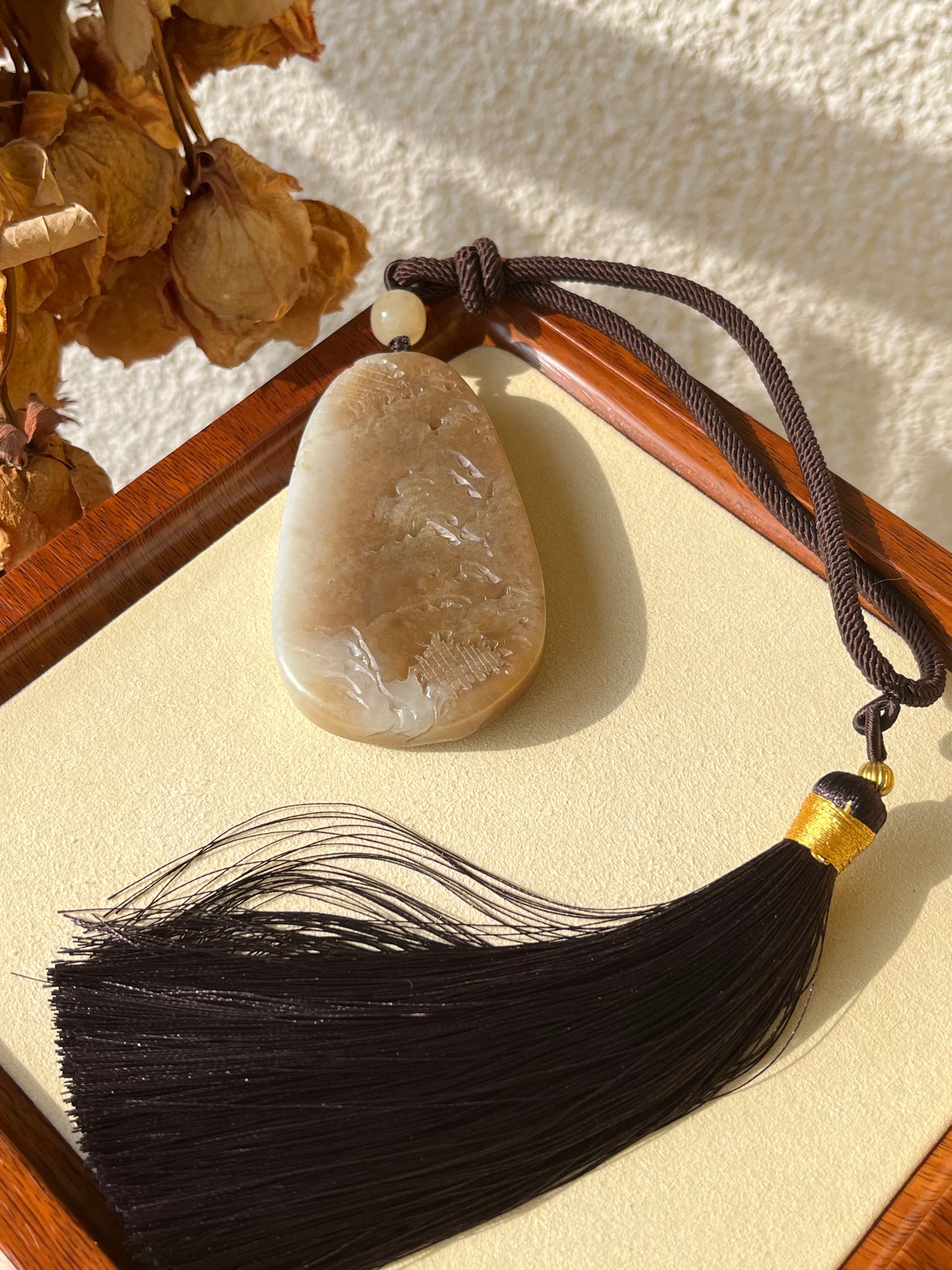 Hand Carved Brown and White Hetian Jade Landscape Pendant | 手雕糖白和田玉山水手把件