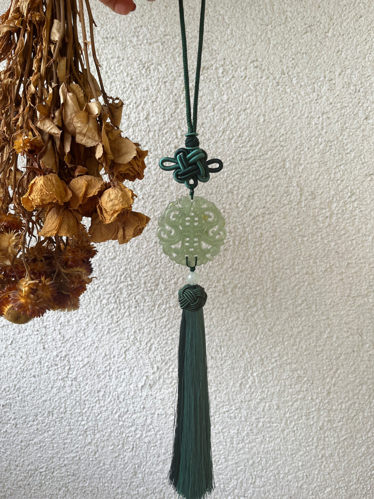 Xiu Jade Dragon and Phoenix Auspicious Pendant Car Hanging