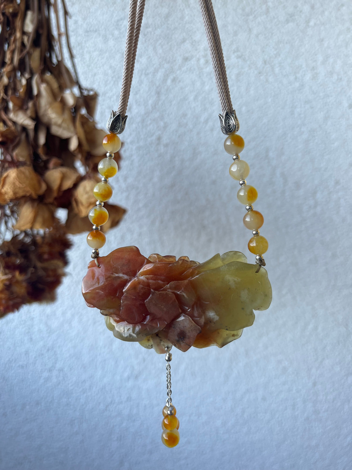 Hand Carved Xiu Jade Peony Pendant
