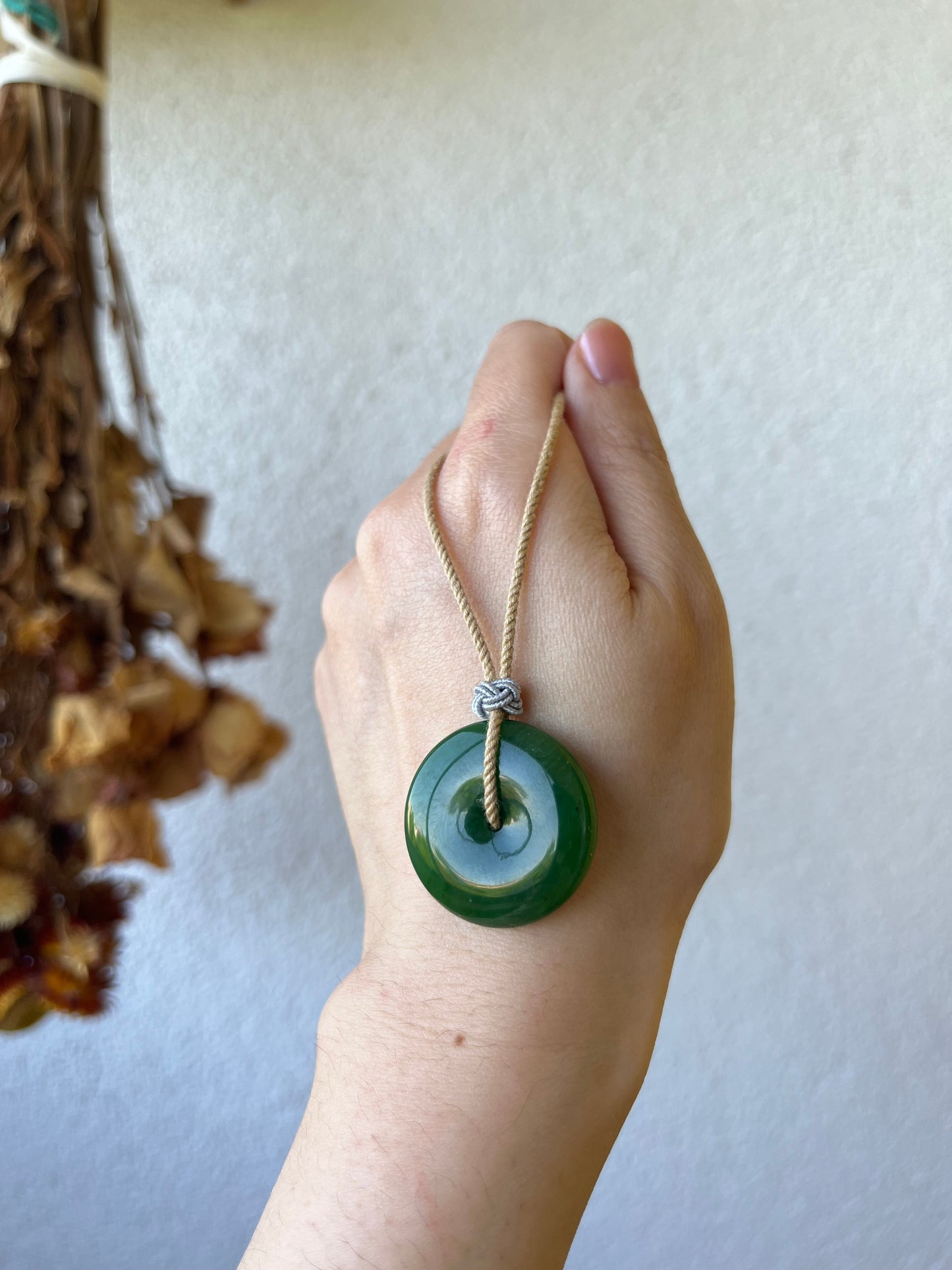 Green Hetian Jade Peace Buckle (Ping An Kou) Necklace, 碧玉平安扣