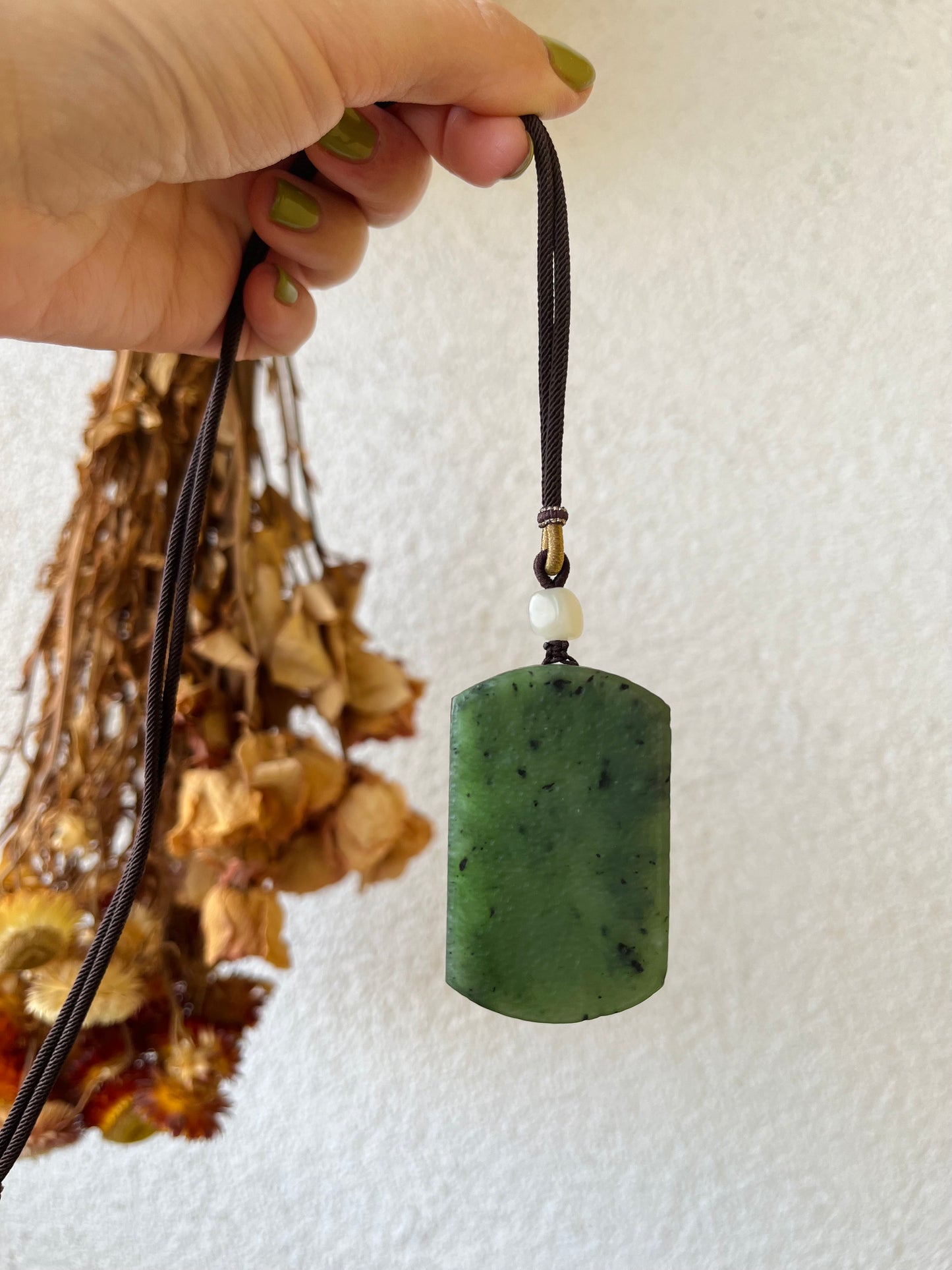 Antique-style Green Hetian Jade Flat Pendant Necklace, 古风碧玉无事牌