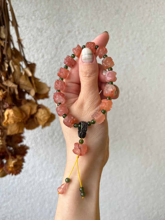 Nanhong Agate Lion Dance Head and Green Hetian Jade Beaded Braclet