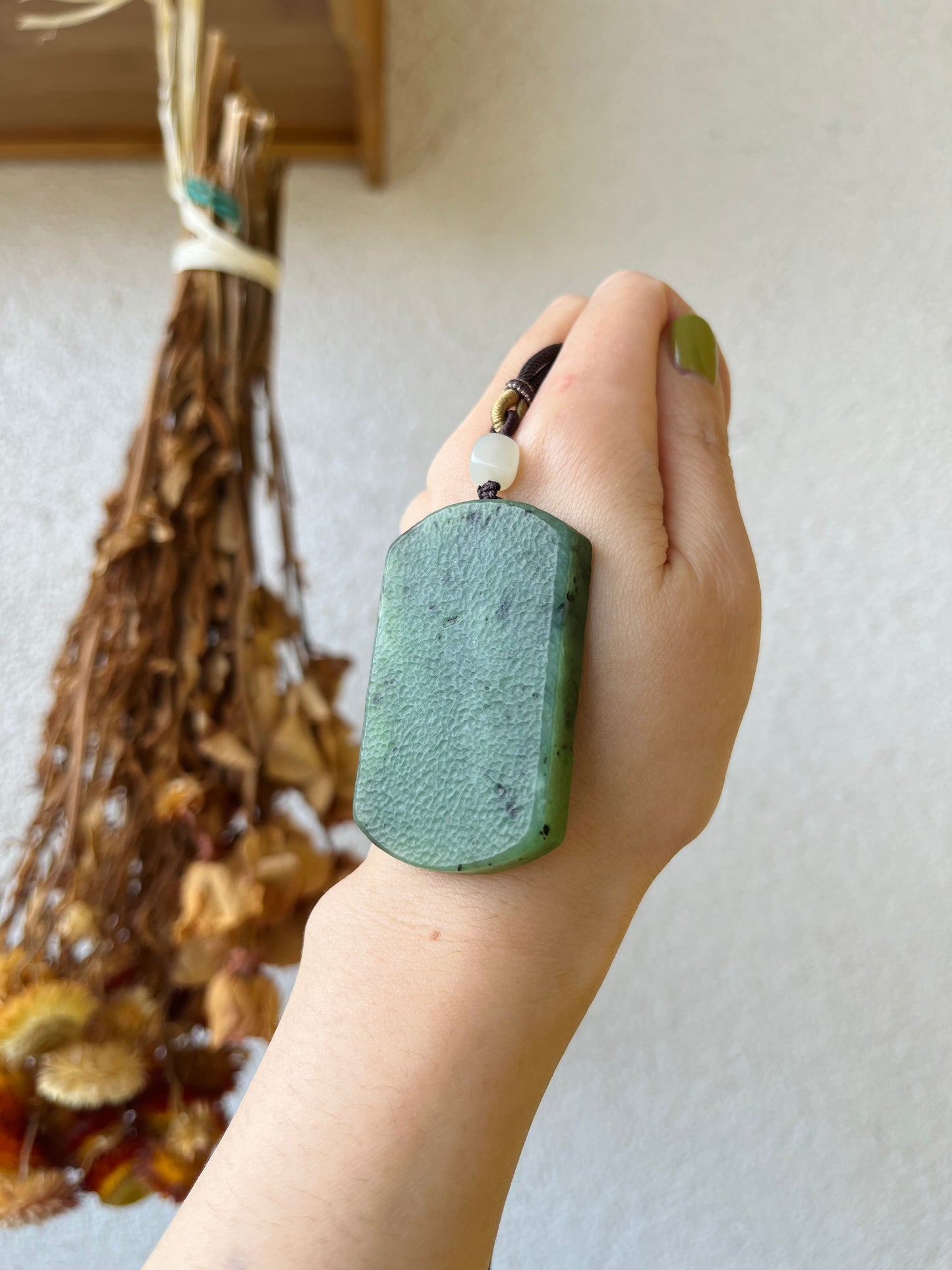 Antique-style Green Hetian Jade Flat Pendant Necklace, 古风碧玉无事牌