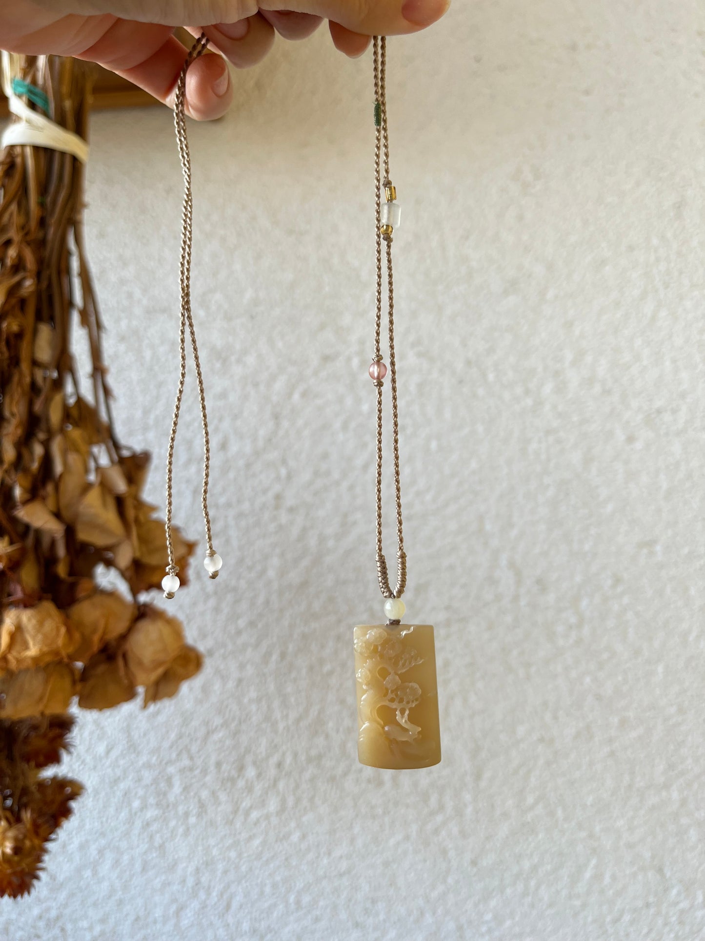 Hand Carved Brown Hetian Jade Deer and Plum Blossom Pendant | 手雕和田梅花和鹿山水牌