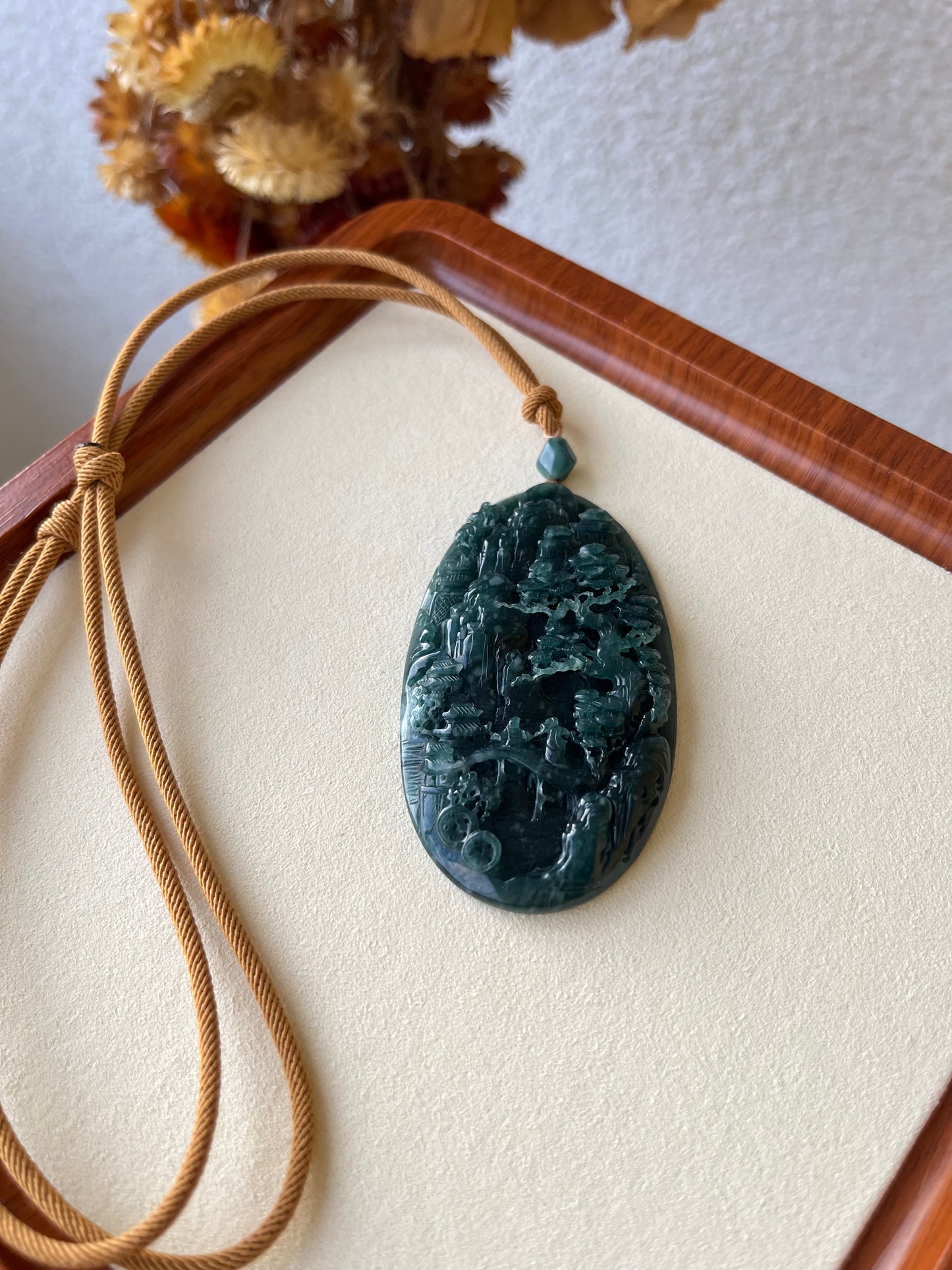 Hand Carved Blue Jadeite Landscape Pendant | 精工蓝水翡翠山水