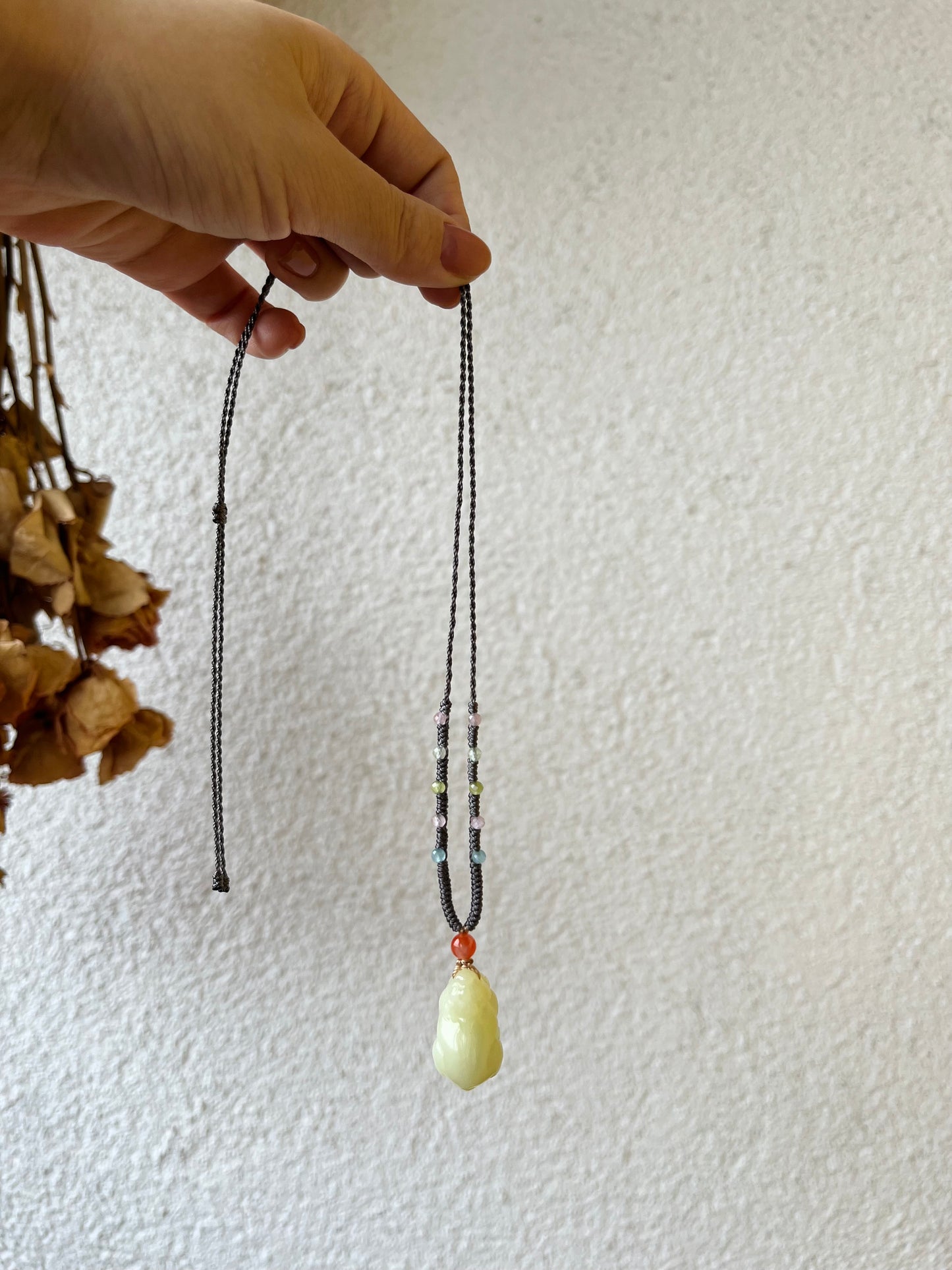 Handmade Necklace with a Carved Yellow Hetian Jade Pixiu