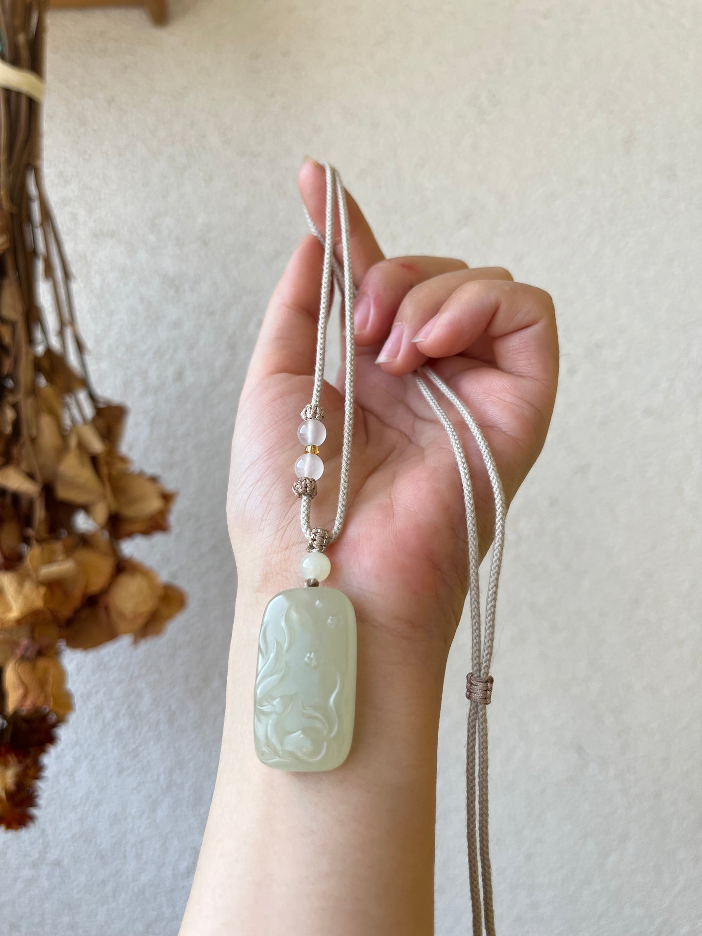 Hand Carved Jade Nine-Tailed Fox Pendant, 手雕晴水冰胶九尾狐 & 无事牌