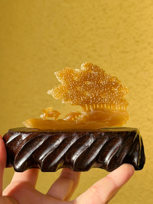 Hand Carved Brown Hetian jADE Deers and Tree Ornament, 手雕和田糖玉小鹿（一路有你）摆件