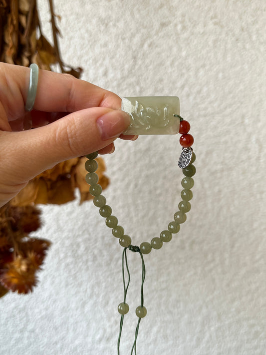 Handmade Hetian Jade Bracelet with a Lotus Pendant