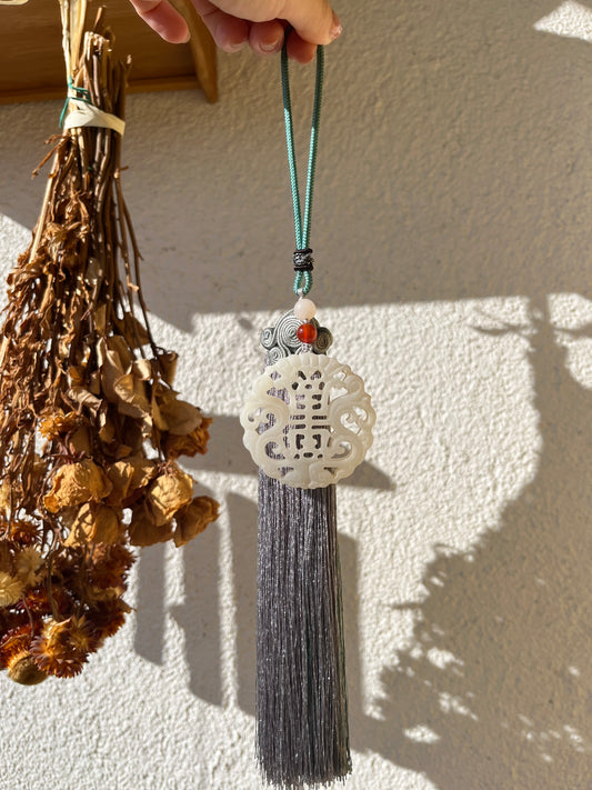 White Hetian Jade Longevity Character Amulet Car Hanging | 和田团寿镂空玉佩车挂