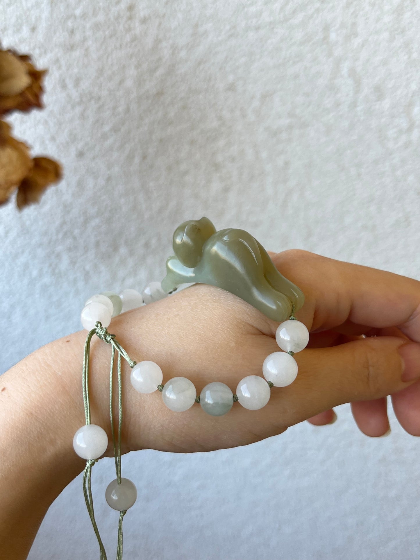 Handwoven Bracelet with a Hand Carved Nephrite Jade Lucky Cat Pendant, 手编和田可爱趴趴招财猫手牌