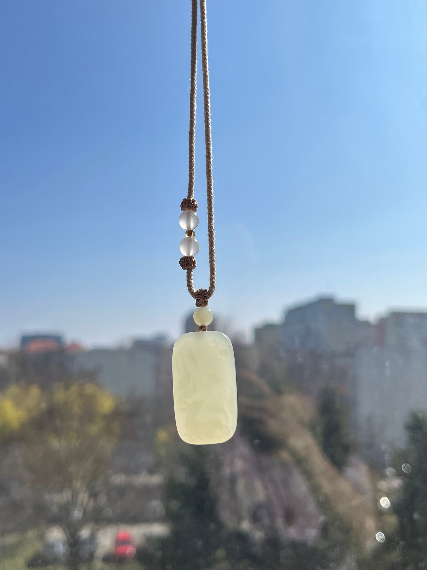 Hand Carved Jade Nine-Tailed Fox Pendant, 手雕晴水冰胶九尾狐 & 无事牌