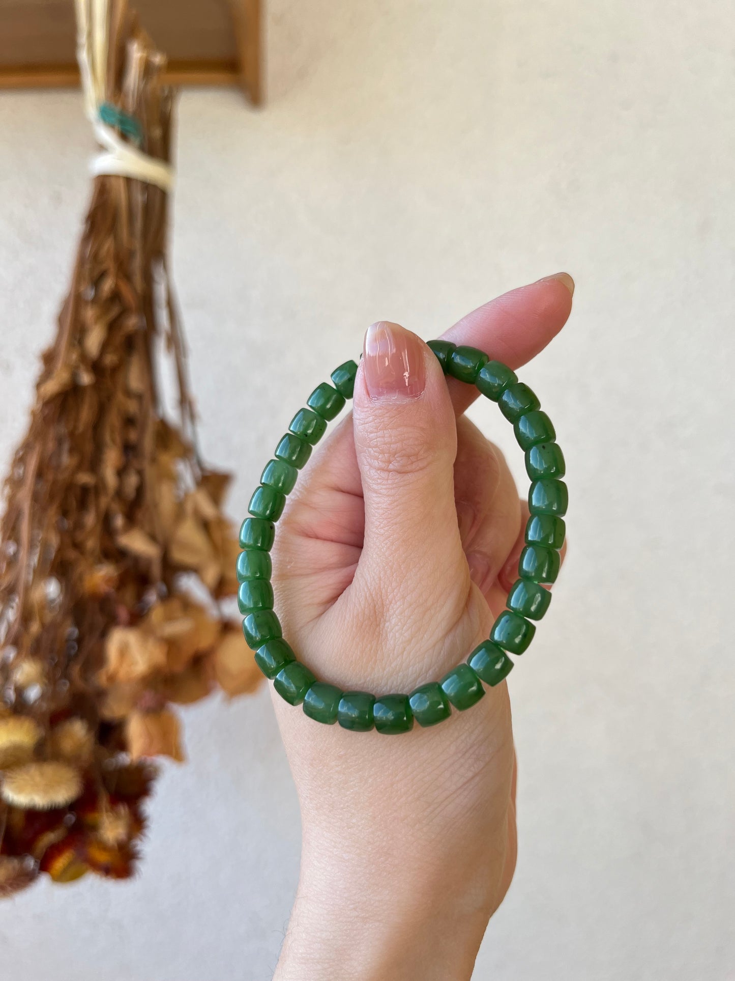 Green Hetian Jade Beaded Bracelet (6mm x 4mm)