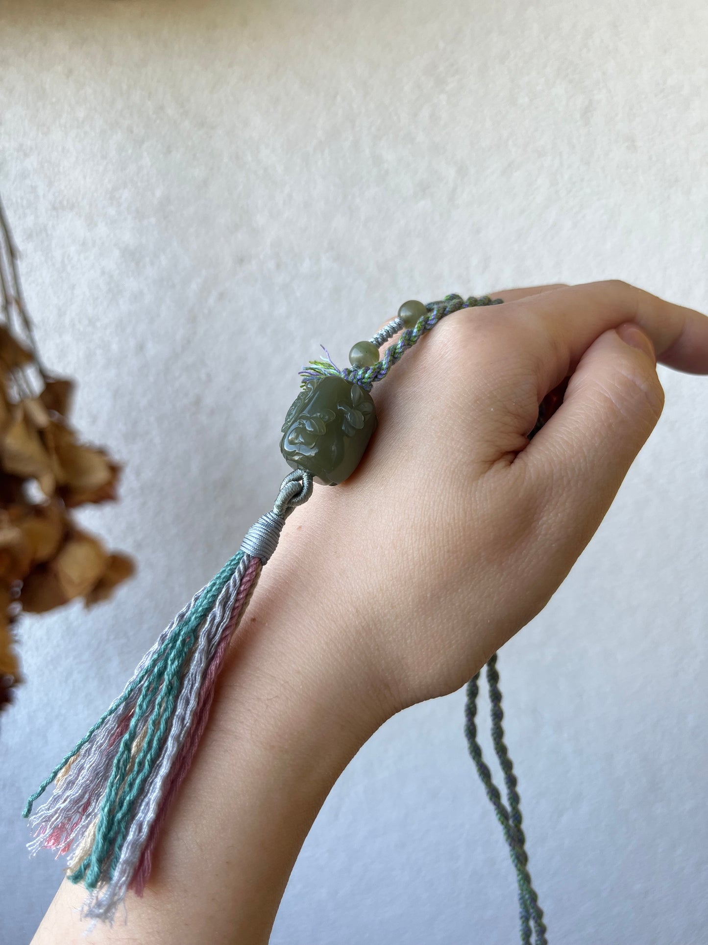 Designed Necklace with a Hand Carved Hetian Green Jade Lotus and Bird Bead, 和田手雕碧玉鸟戏荷花桶珠