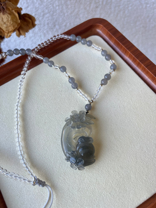Hand Carved Icy Gray Rabbit on the Moon | 手雕灰冰岫玉月亮兔